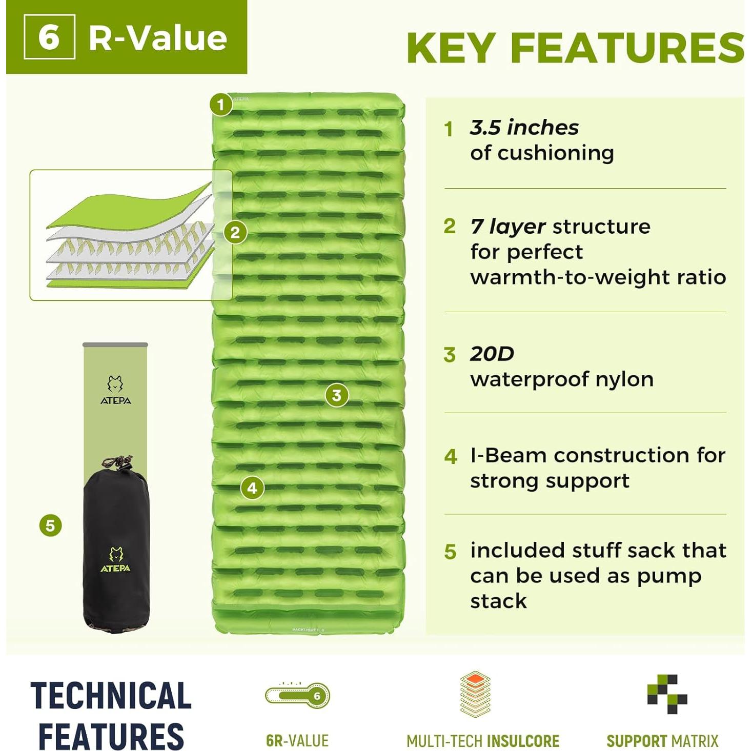 Colchoneta de Camping Inflable ATEPA Aislada R6 182x62cm