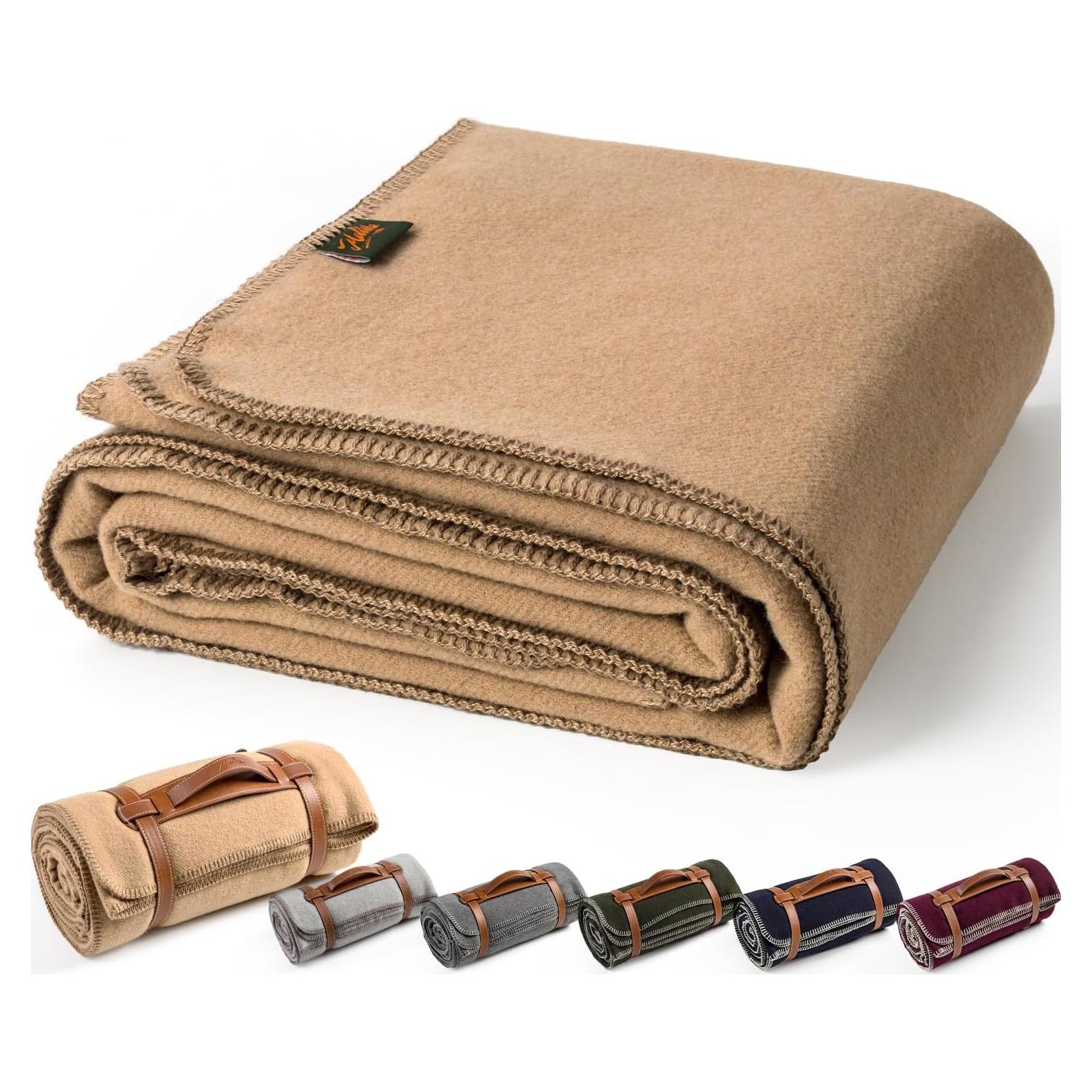 Merino Wool Blend Camping Blanket Ultra Warm, Moisture Wicking, Portable Outdoor Blanket for Camping, RV Trips, Adventures, Picnic, Bushcraft Survival Kits, Large 86"x62"