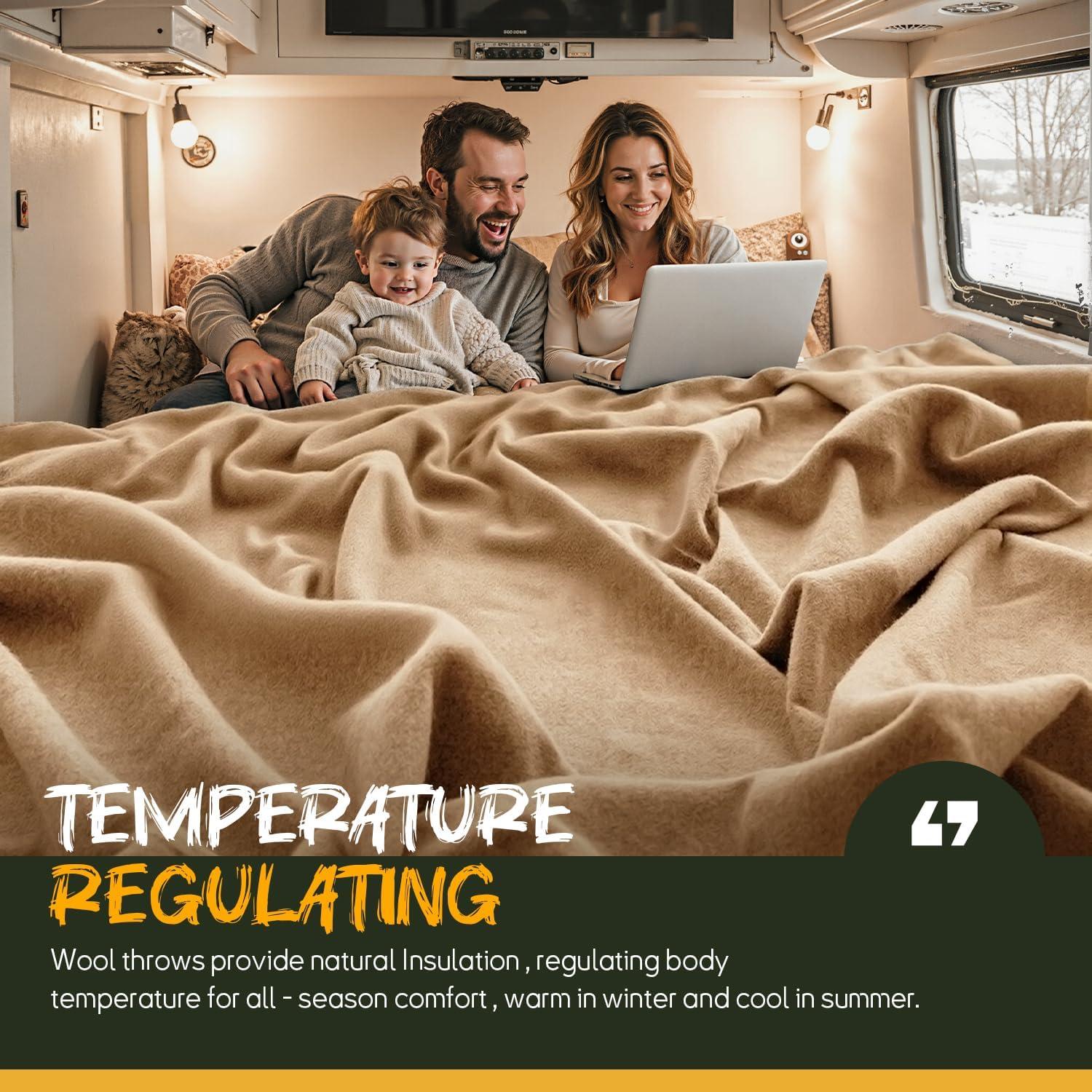 Merino Wool Blend Camping Blanket Ultra Warm, Moisture Wicking, Portable Outdoor Blanket for Camping, RV Trips, Adventures, Picnic, Bushcraft Survival Kits, Large 86"x62"