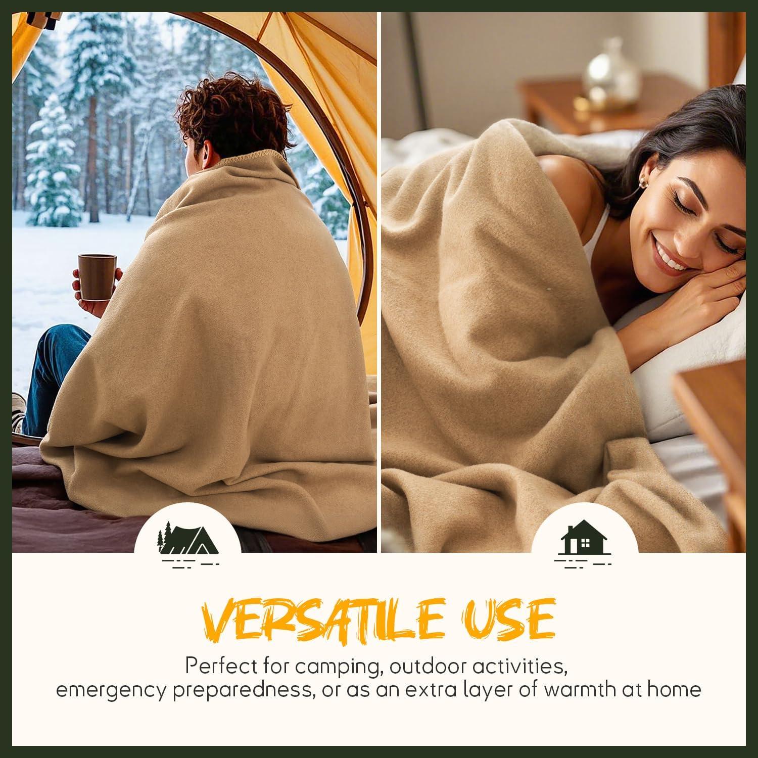 Merino Wool Blend Camping Blanket Ultra Warm, Moisture Wicking, Portable Outdoor Blanket for Camping, RV Trips, Adventures, Picnic, Bushcraft Survival Kits, Large 86"x62"