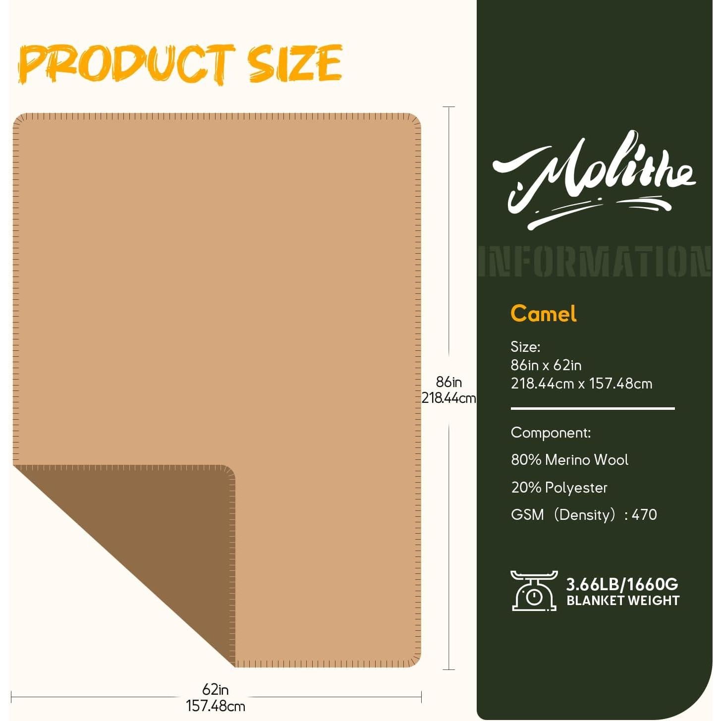 Merino Wool Blend Camping Blanket Ultra Warm, Moisture Wicking, Portable Outdoor Blanket for Camping, RV Trips, Adventures, Picnic, Bushcraft Survival Kits, Large 86"x62"