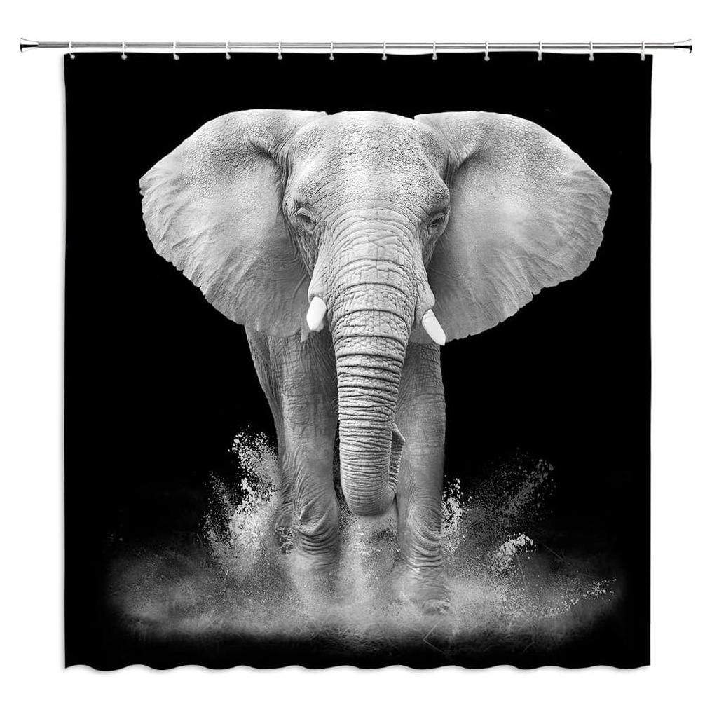 African Elephant Shower Curtain Grey Wild Animal Elephants Safari Large Powerful Animals Africa Wildlife Boys Girls Men Zoo Black Gray Bathroom Curtain Sets Polyester Fabric with Hooks 35 X 70 Inch