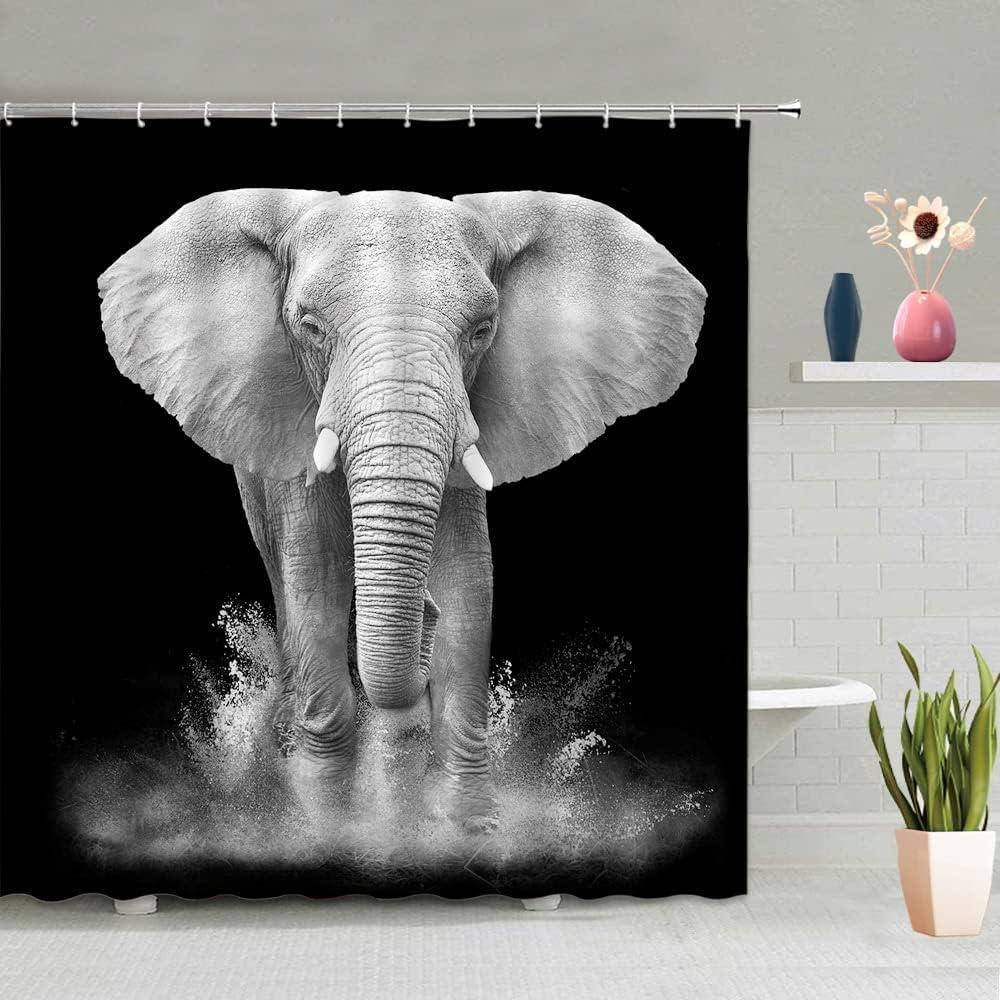 African Elephant Shower Curtain Grey Wild Animal Elephants Safari Large Powerful Animals Africa Wildlife Boys Girls Men Zoo Black Gray Bathroom Curtain Sets Polyester Fabric with Hooks 35 X 70 Inch