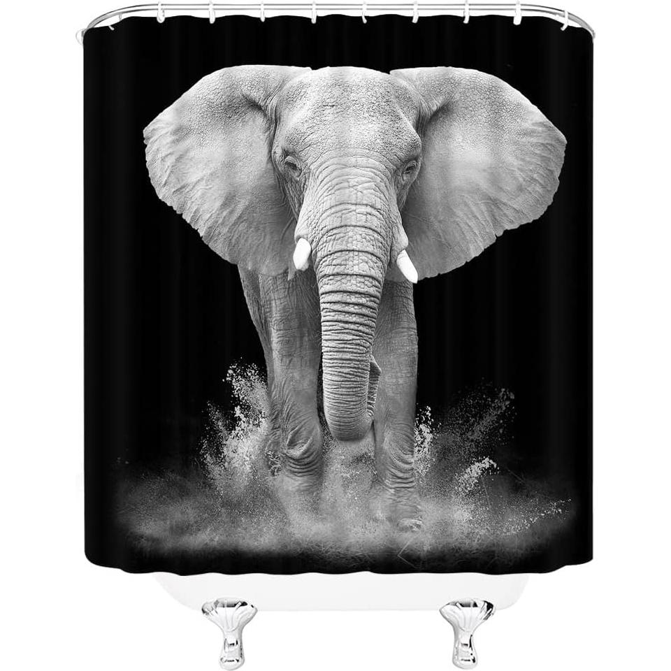African Elephant Shower Curtain Grey Wild Animal Elephants Safari Large Powerful Animals Africa Wildlife Boys Girls Men Zoo Black Gray Bathroom Curtain Sets Polyester Fabric with Hooks 35 X 70 Inch