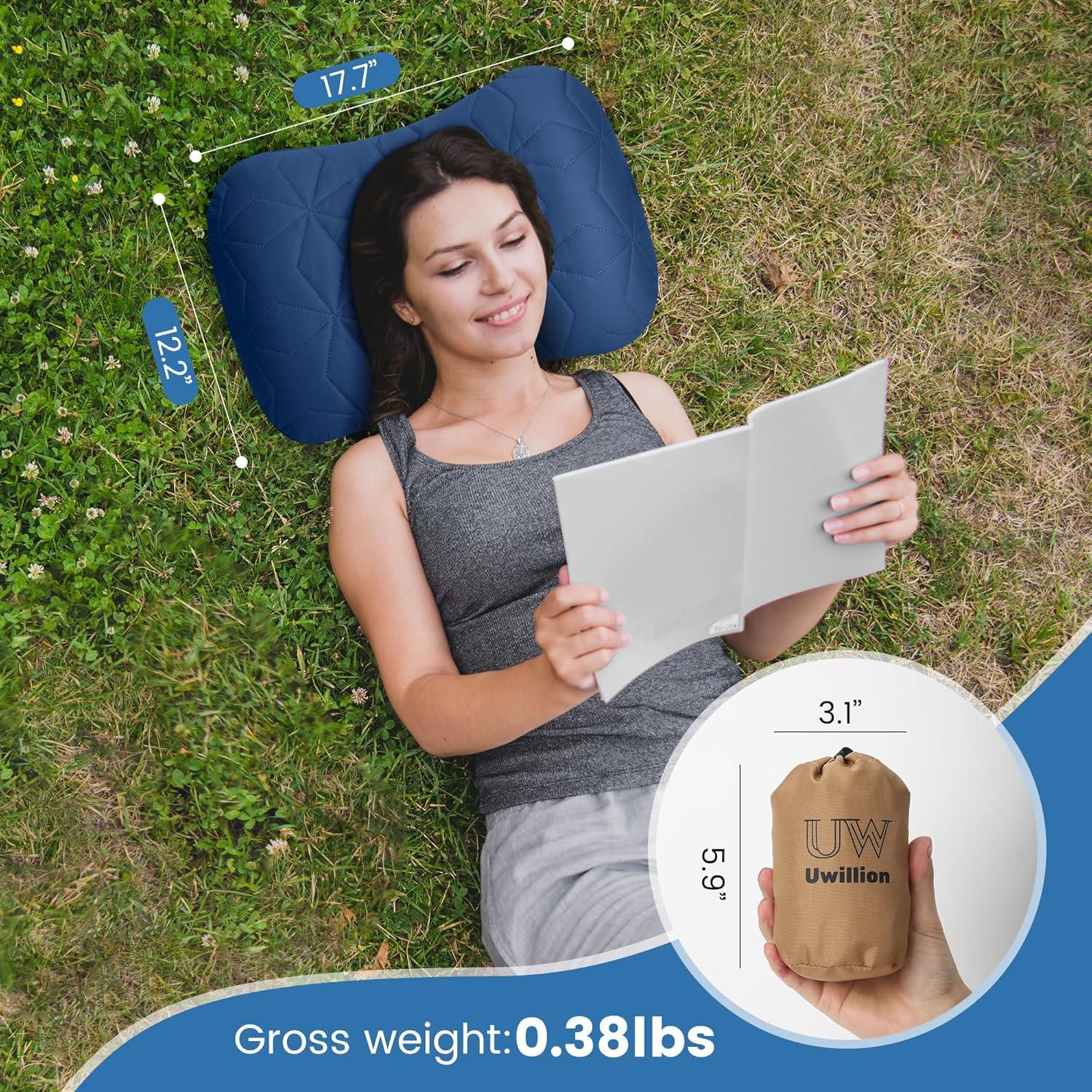 Camping Pillow with Removable Cover - Ultralight Inflatable Pillow for Camping Lightweight, Ergonomic and Washable for Camping, Hiking, and Travel Blue