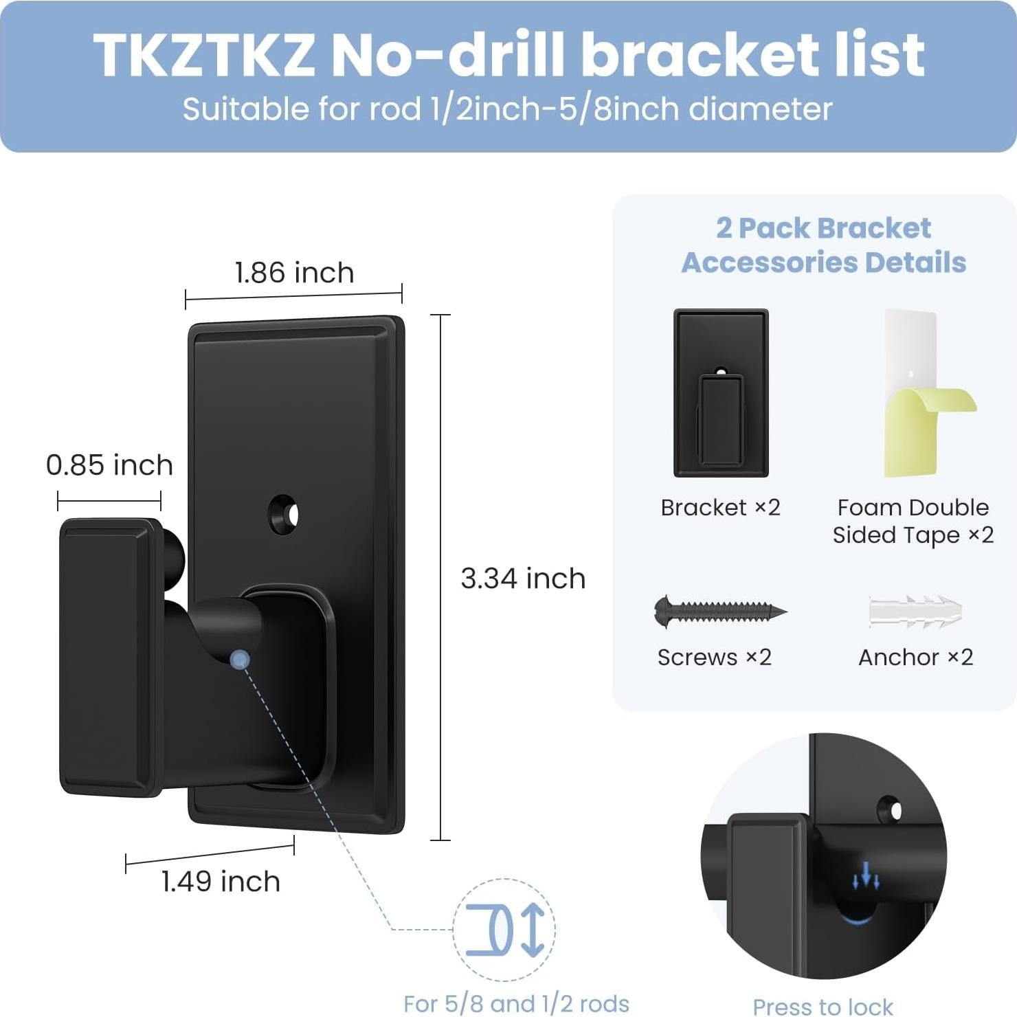 Soportes de Varilla de Cortina Autoadhesivos TKZTKZ 2PCS Negro