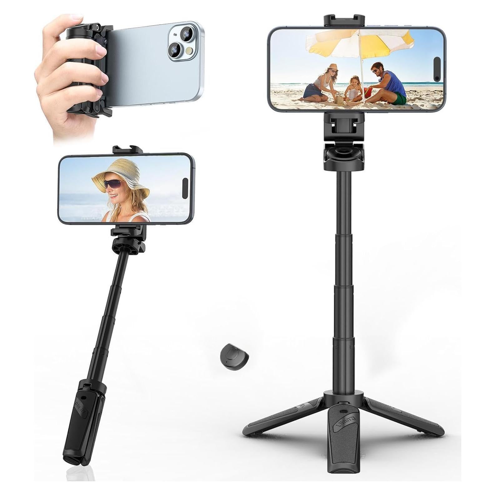 Phone Tripod Mini with Romote - ULANZI JJ02 3 in 1 Cell Phone Selfie Stick Tripod 4 Sections Extenable Foldable Pocket Size 2 Cold Shoe Mount 360° Rotation 10m Remote Control for iPhone Smartphone