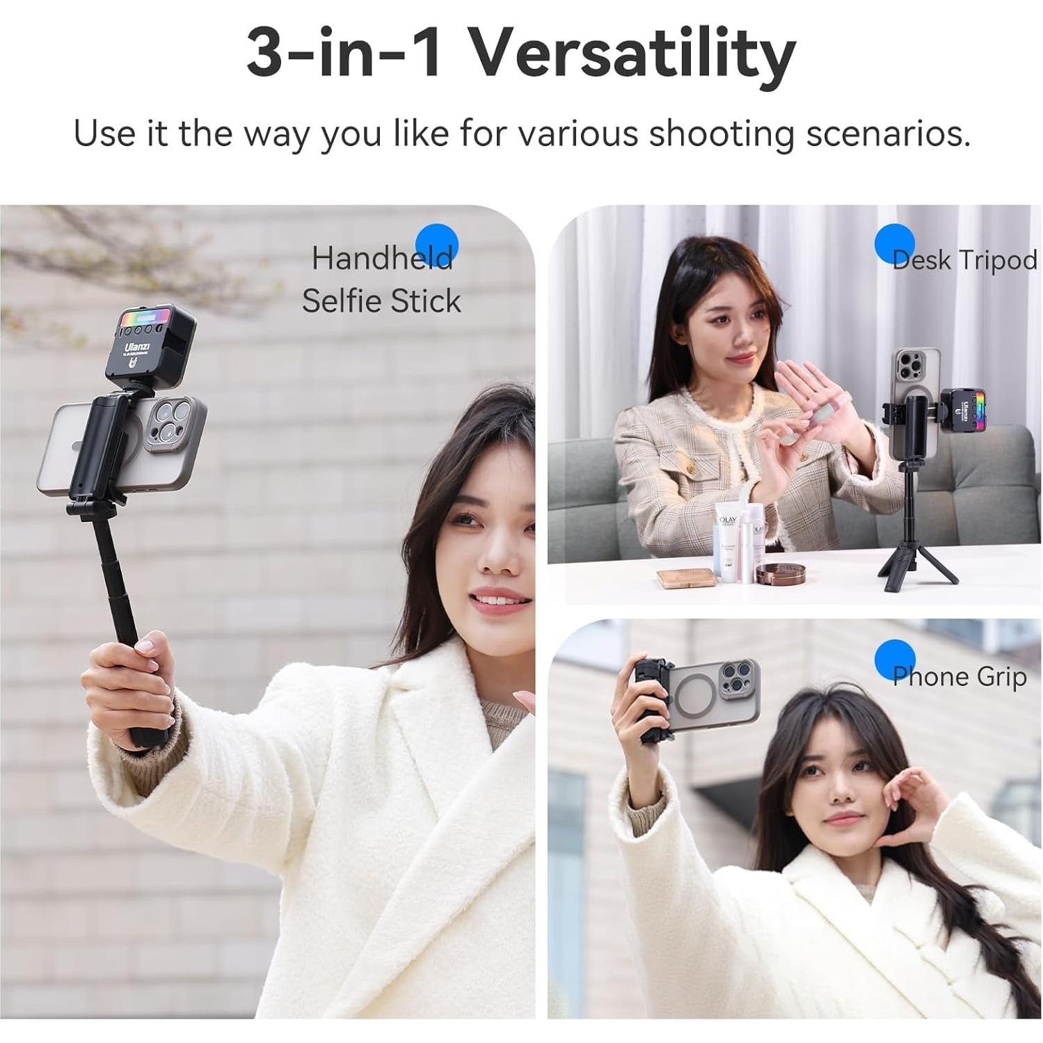 Phone Tripod Mini with Romote - ULANZI JJ02 3 in 1 Cell Phone Selfie Stick Tripod 4 Sections Extenable Foldable Pocket Size 2 Cold Shoe Mount 360° Rotation 10m Remote Control for iPhone Smartphone