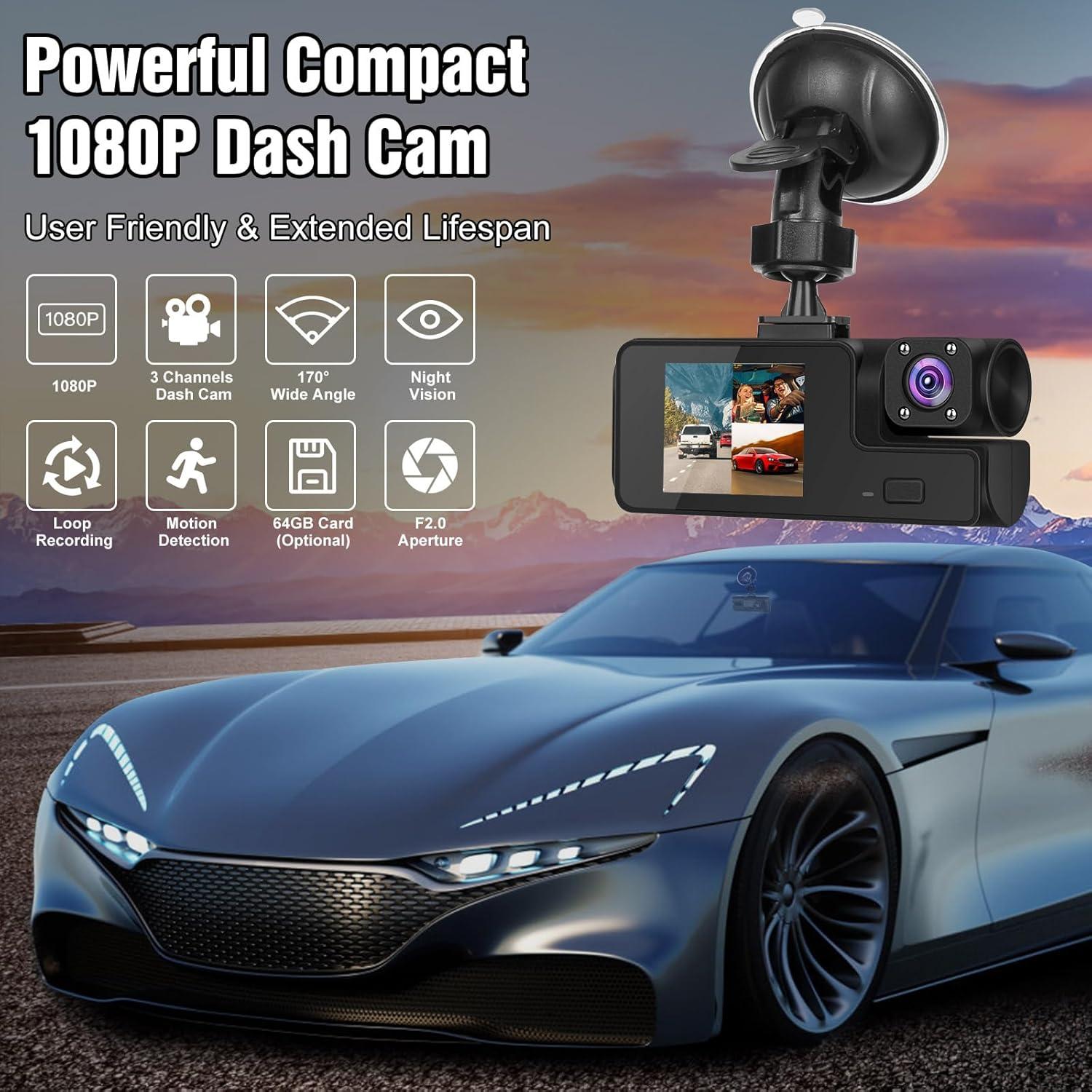 Cámara de Tablero TeqHome 3 Canales 1080P HD WiFi 64GB