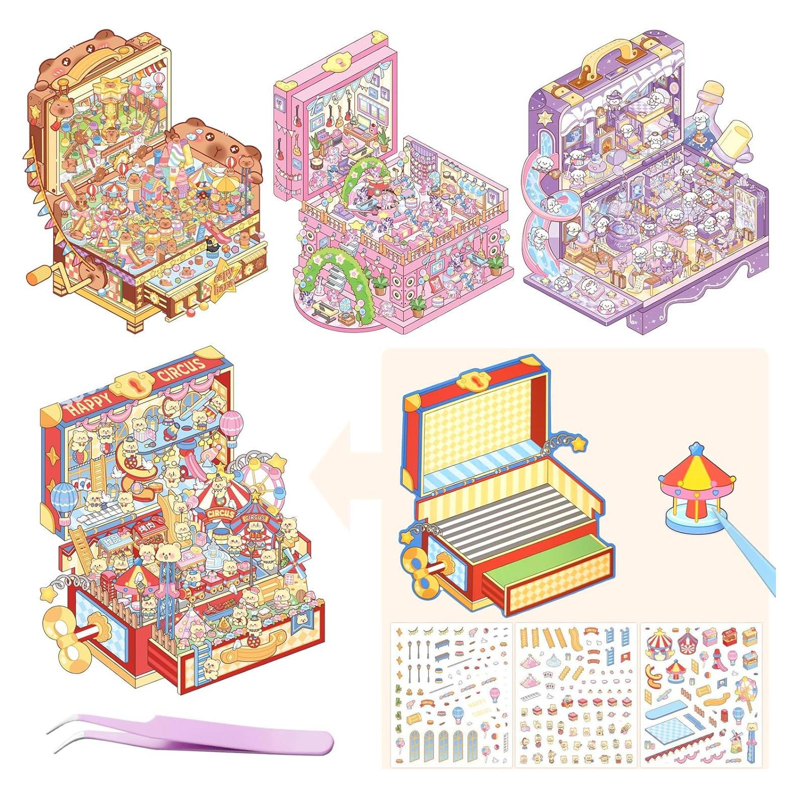 4 Sets DIY 3D Stickers Scene for Adults Teen, Sticker Therapy 3D House Isometric Stickers Room, Make Your OwnStickers, Crafts Party Favors Goodie Bags Stuffer