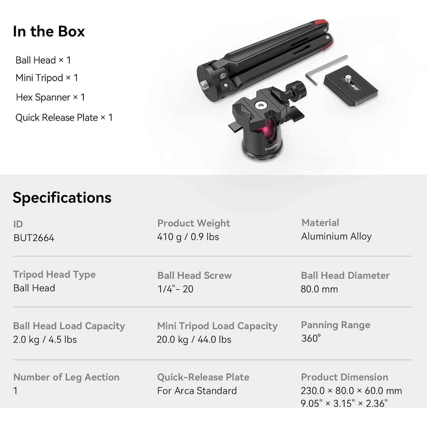 SmallRig Mini Tripod for Camera, Updated Desktop Tabletop Tripod with Arca-Type Compatible QR Plate, 360° Ball Head and 1/4 Screws Portable for Compact Cameras DSLRs, Phone, Gopro - BUT2664