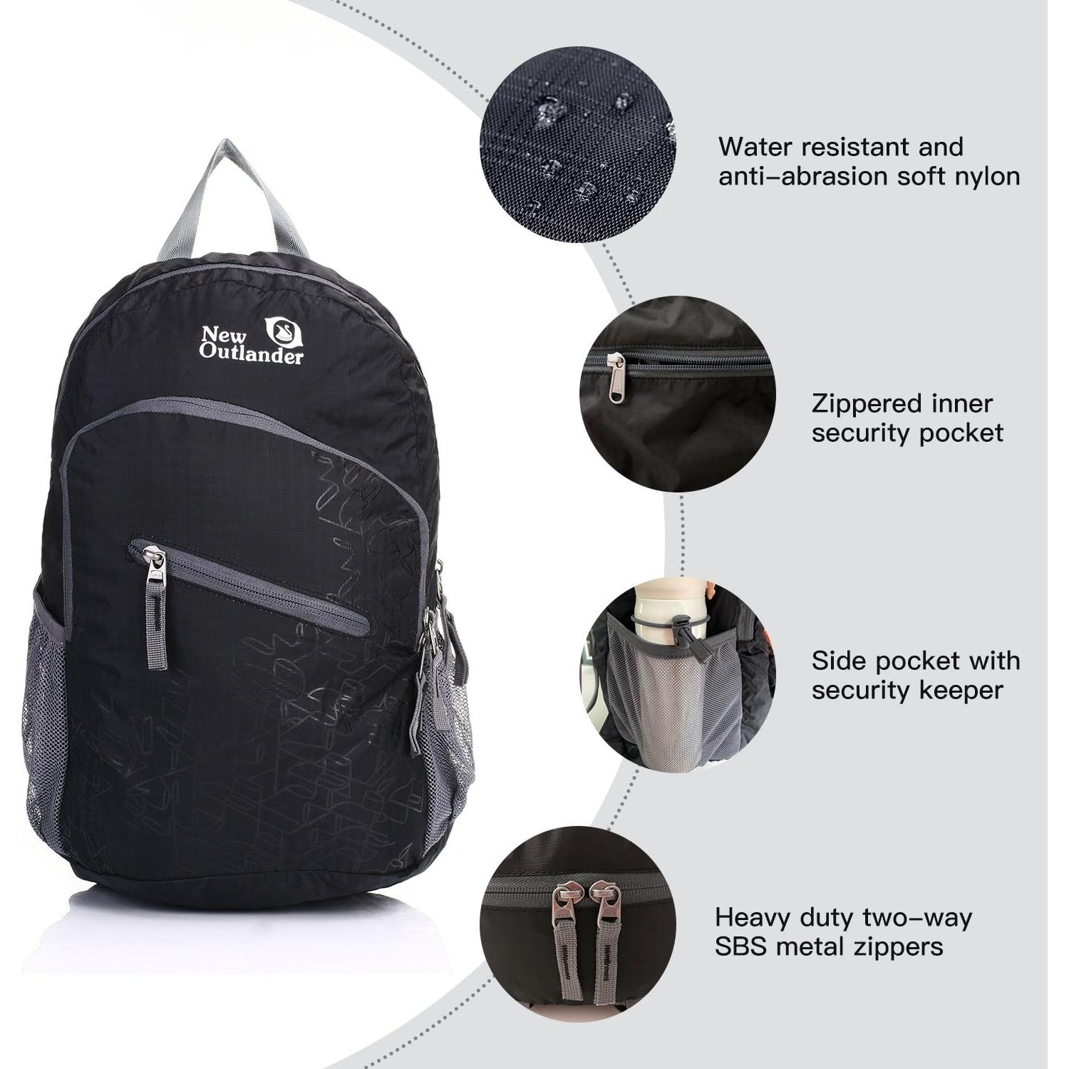 Mochila de viaje plegable Outlander 20L negra resistente