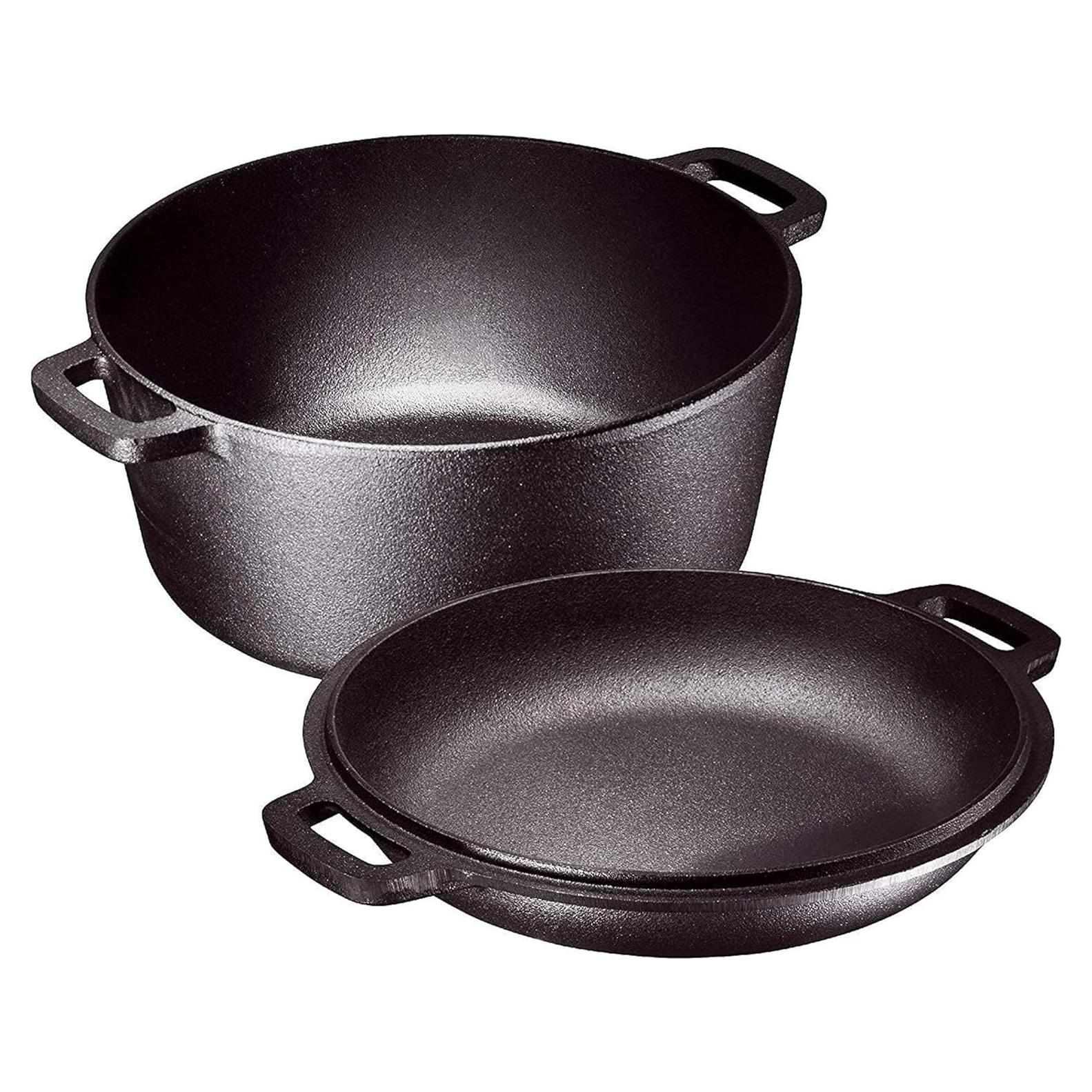 Bruntmor 2-in-1 Pre-Seasoned Cast Iron Dutch Oven with Handles - Crock Pot Black Cast Iron Pot with Skillet lid - All-in-One Cookware Braising Pan for Casserole Dish - 5 Quart - Black