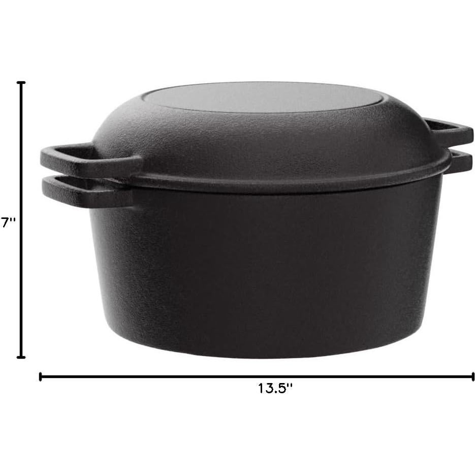 Bruntmor 2-in-1 Pre-Seasoned Cast Iron Dutch Oven with Handles - Crock Pot Black Cast Iron Pot with Skillet lid - All-in-One Cookware Braising Pan for Casserole Dish - 5 Quart - Black