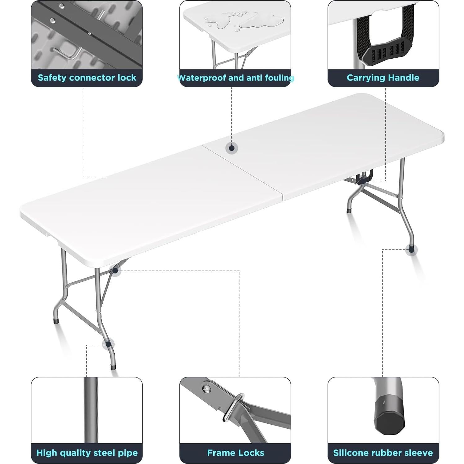 Mesa Plegable HLPB 2.4m Blanca para Camping y Picnic
