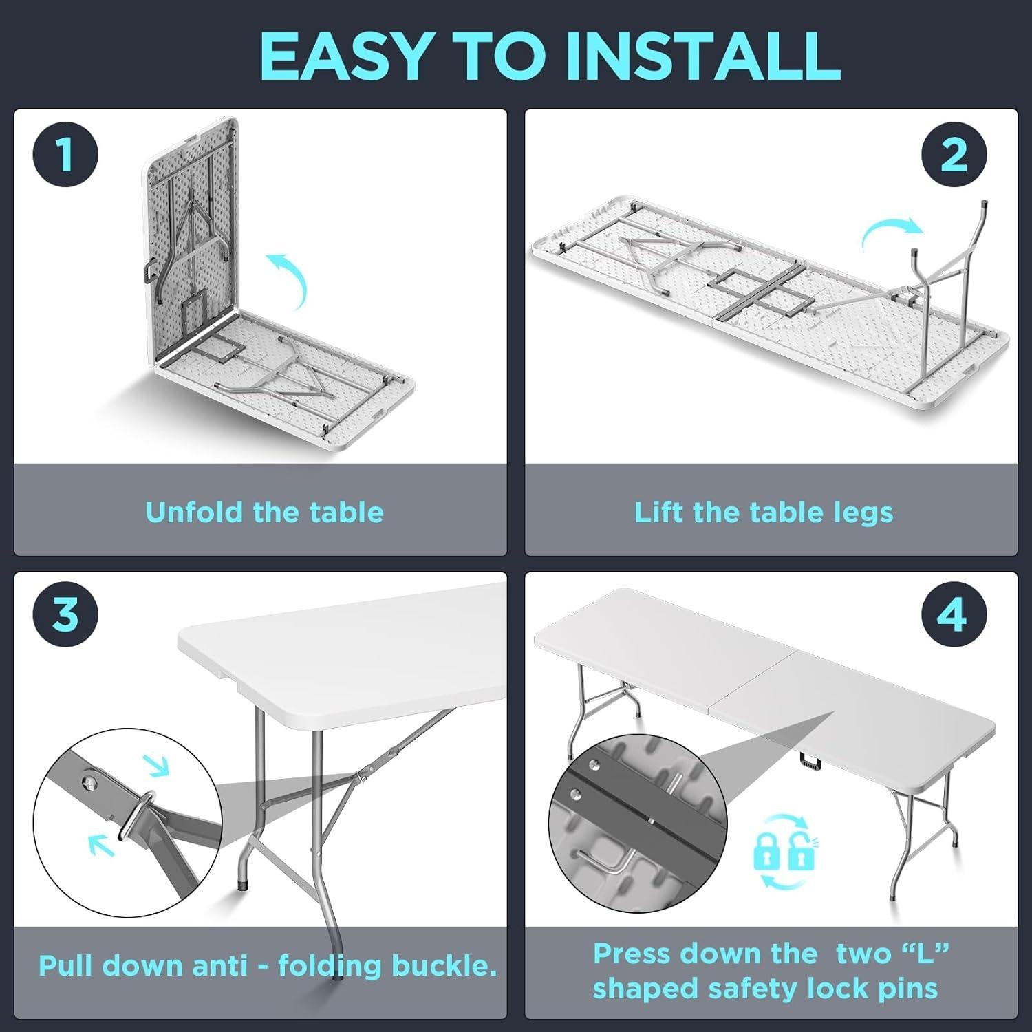 Mesa Plegable HLPB 2.4m Blanca para Camping y Picnic