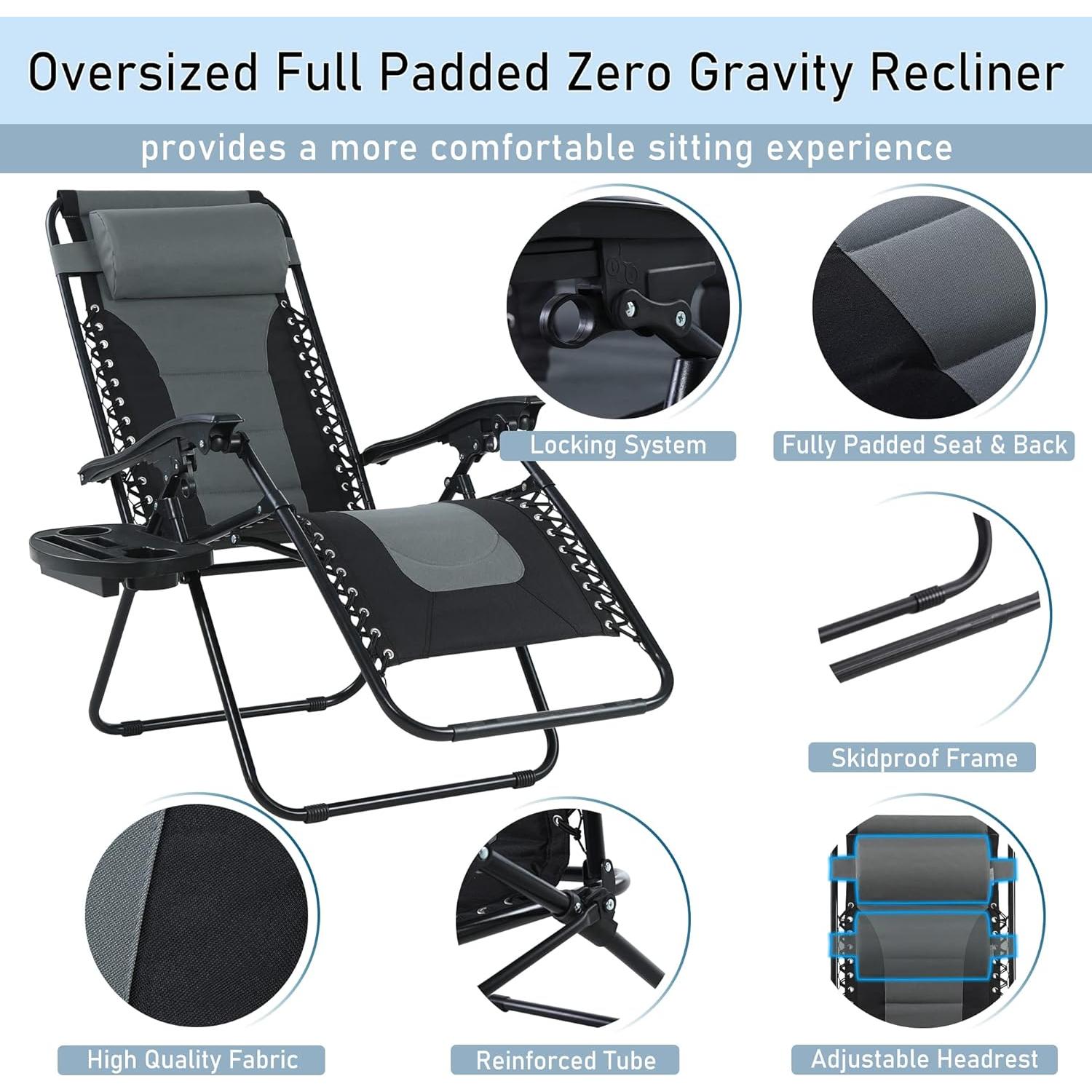 PHI VILLA Outdoor Patio Padded Zero Gravity Chair, Foldable Patio Recliner, 26" Wide Seat Anti Gravity Lounger with Cup Holder, Set of 2, Support 350 LBS (Grey)