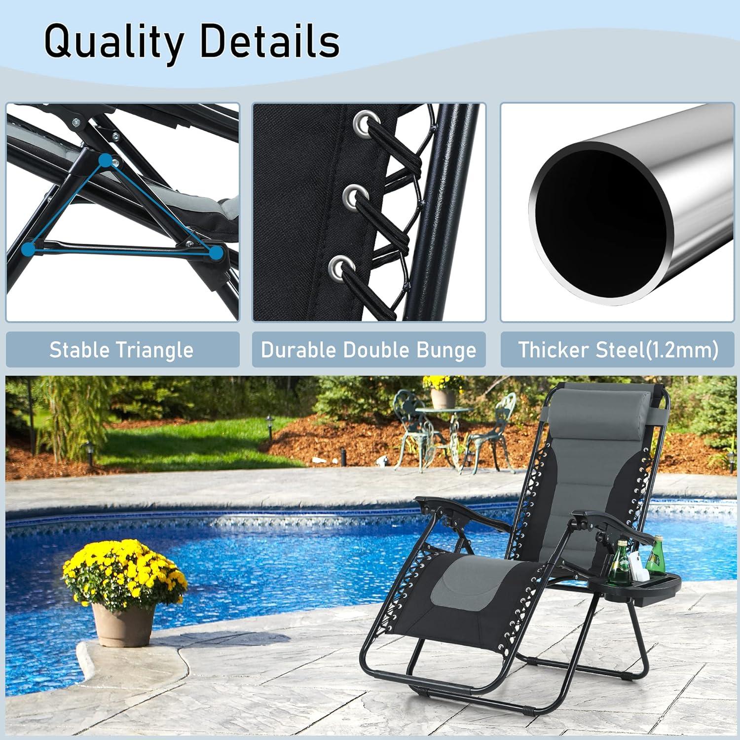 PHI VILLA Outdoor Patio Padded Zero Gravity Chair, Foldable Patio Recliner, 26" Wide Seat Anti Gravity Lounger with Cup Holder, Set of 2, Support 350 LBS (Grey)