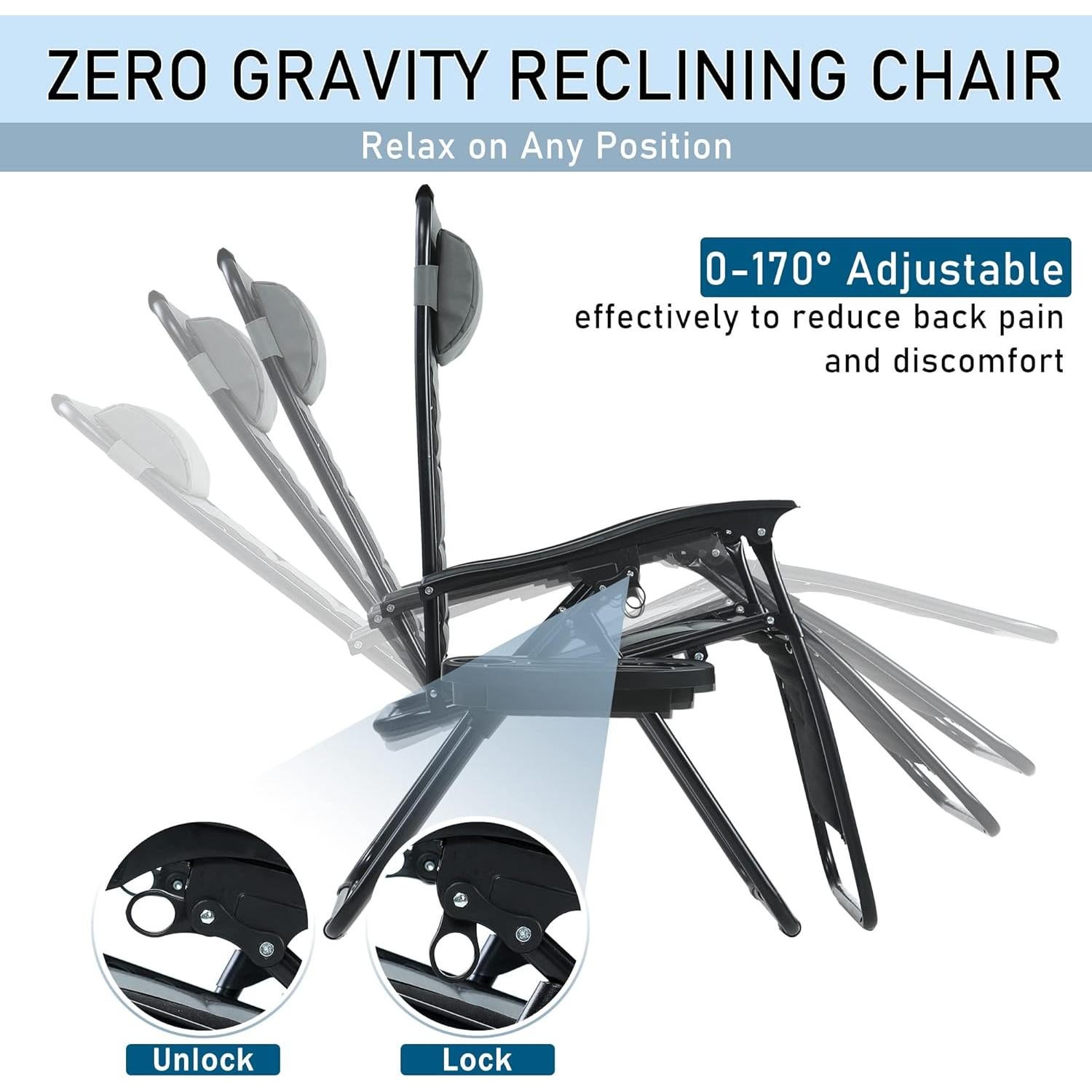 PHI VILLA Outdoor Patio Padded Zero Gravity Chair, Foldable Patio Recliner, 26" Wide Seat Anti Gravity Lounger with Cup Holder, Set of 2, Support 350 LBS (Grey)