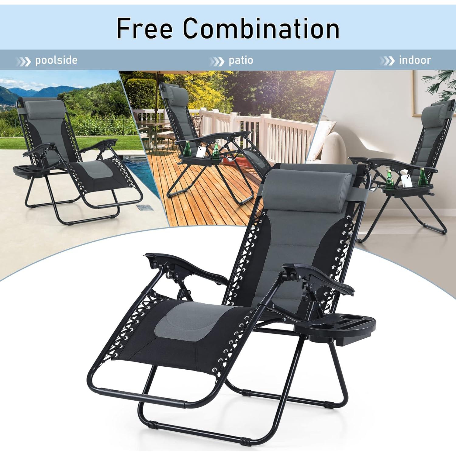 PHI VILLA Outdoor Patio Padded Zero Gravity Chair, Foldable Patio Recliner, 26" Wide Seat Anti Gravity Lounger with Cup Holder, Set of 2, Support 350 LBS (Grey)