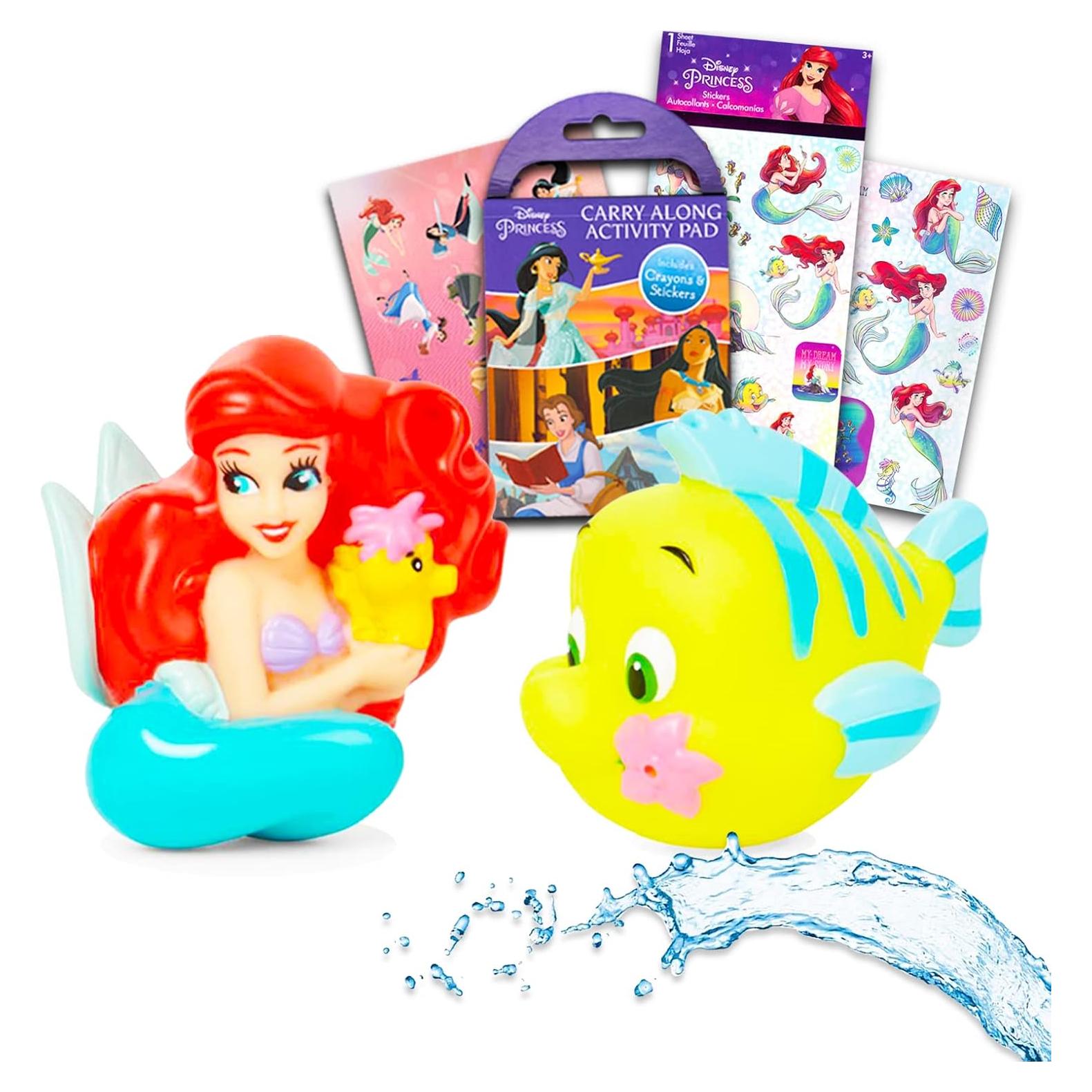 Ariel Water Squirties - Bundle with 2 Pc Little Mermaid Squirt Toys, Stickers, and Door Hangers | Disney Bath Toys for Girls