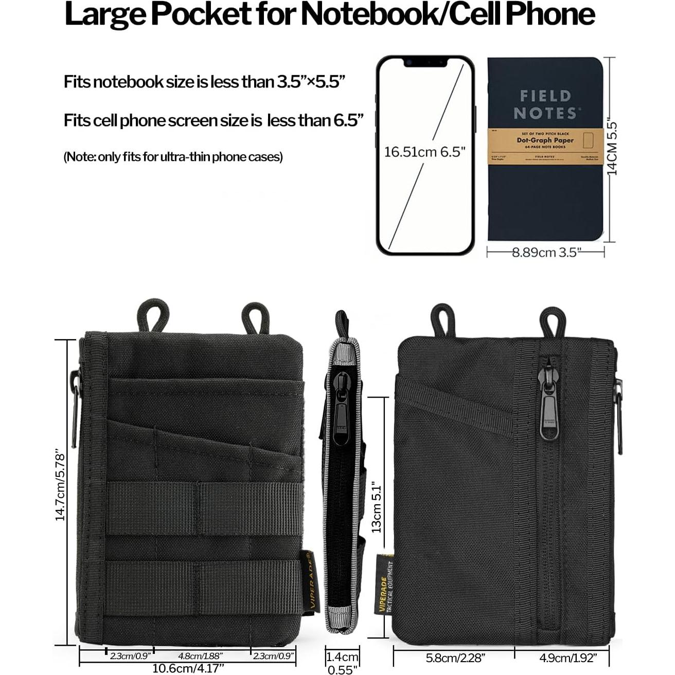 VIPERADE VE16N EDC Pouch, Men's EDC Organizer with 5 Pockets, 2 Zipper Pockets, Slim EDC Wallet, Multitool Pouch for Everyday Carry (Black)