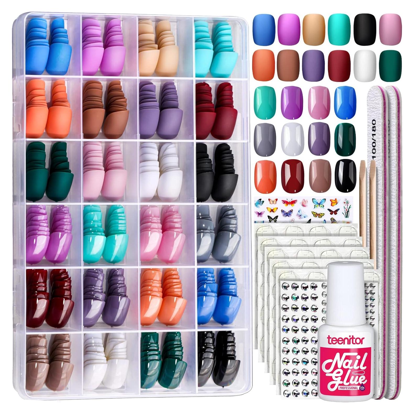 Kit Uñas Postizas Cortas Teenitor 576 Pcs Mate y Brillantes
