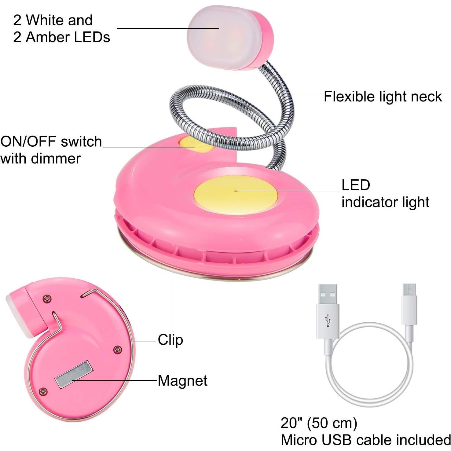 Luz de Lectura LED Recargable HONGUT Rosa con 3 Brillos