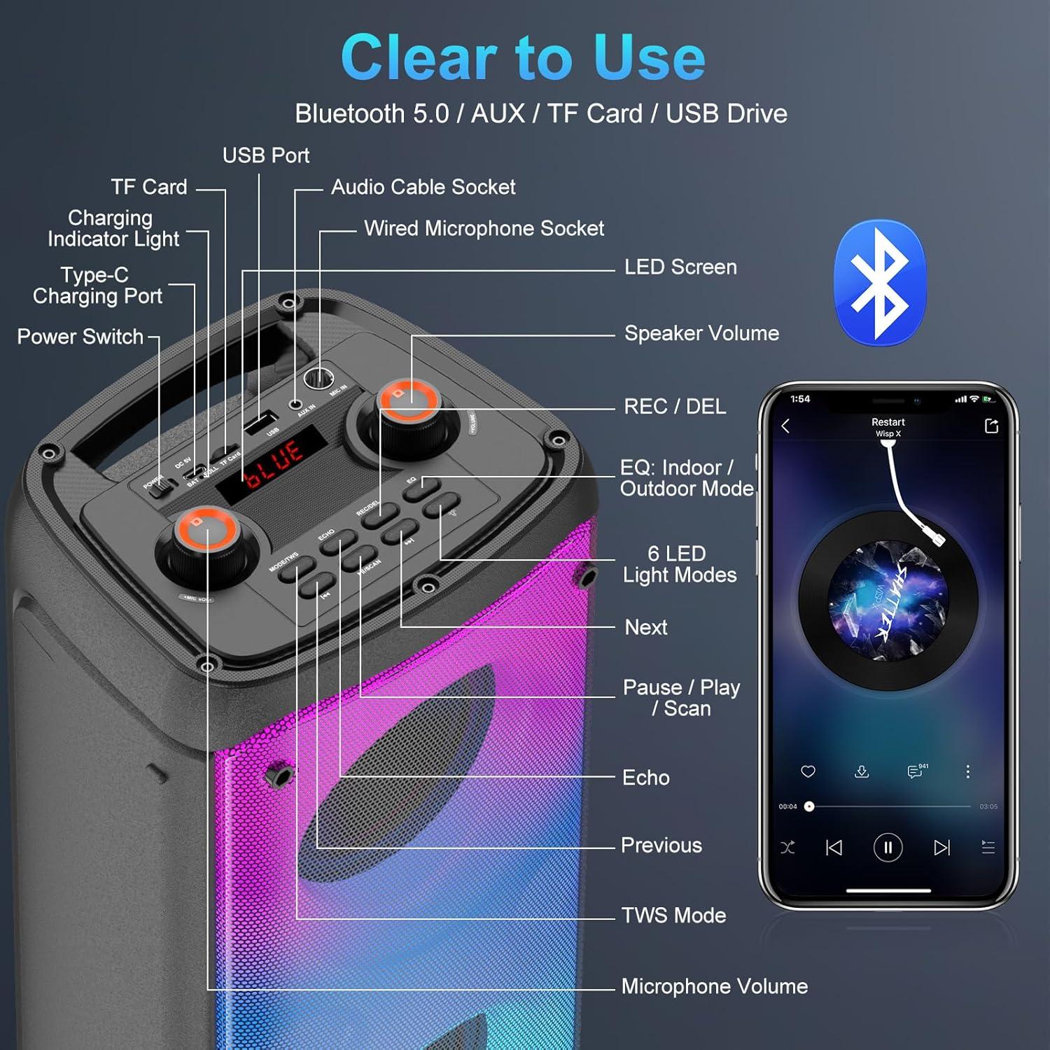 Altavoz Bluetooth Portátil TAMPROAD Q55 80W con Luces LED