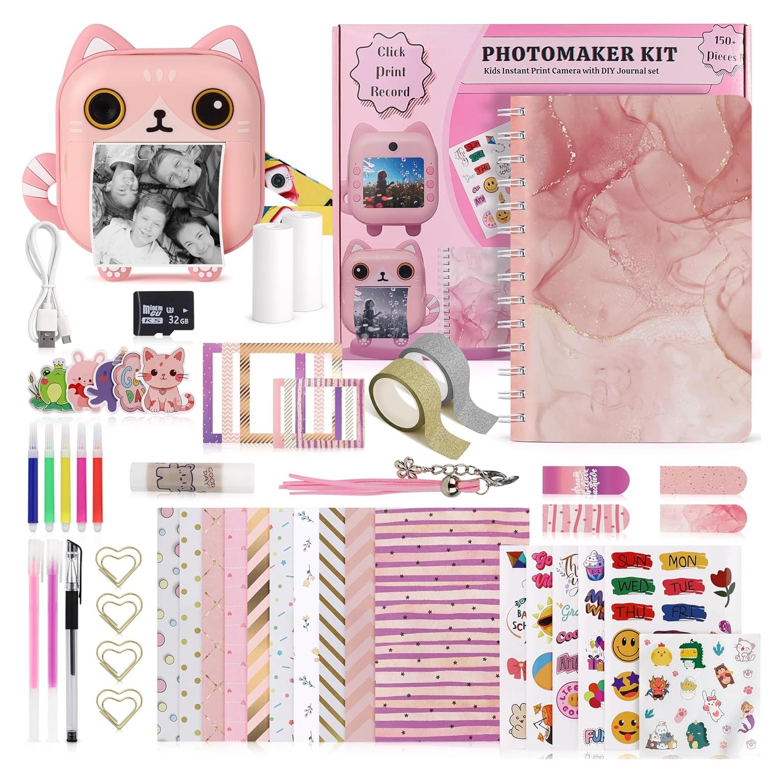 Photomaker Kit - Instant Print Camera for Kids Plus DIY Journal Kit for Girls - 150 Pcs Tween Journal & Camera for Girls - 6 7 8 9 10 11 12 13 14 Year Old Girl (Cat)