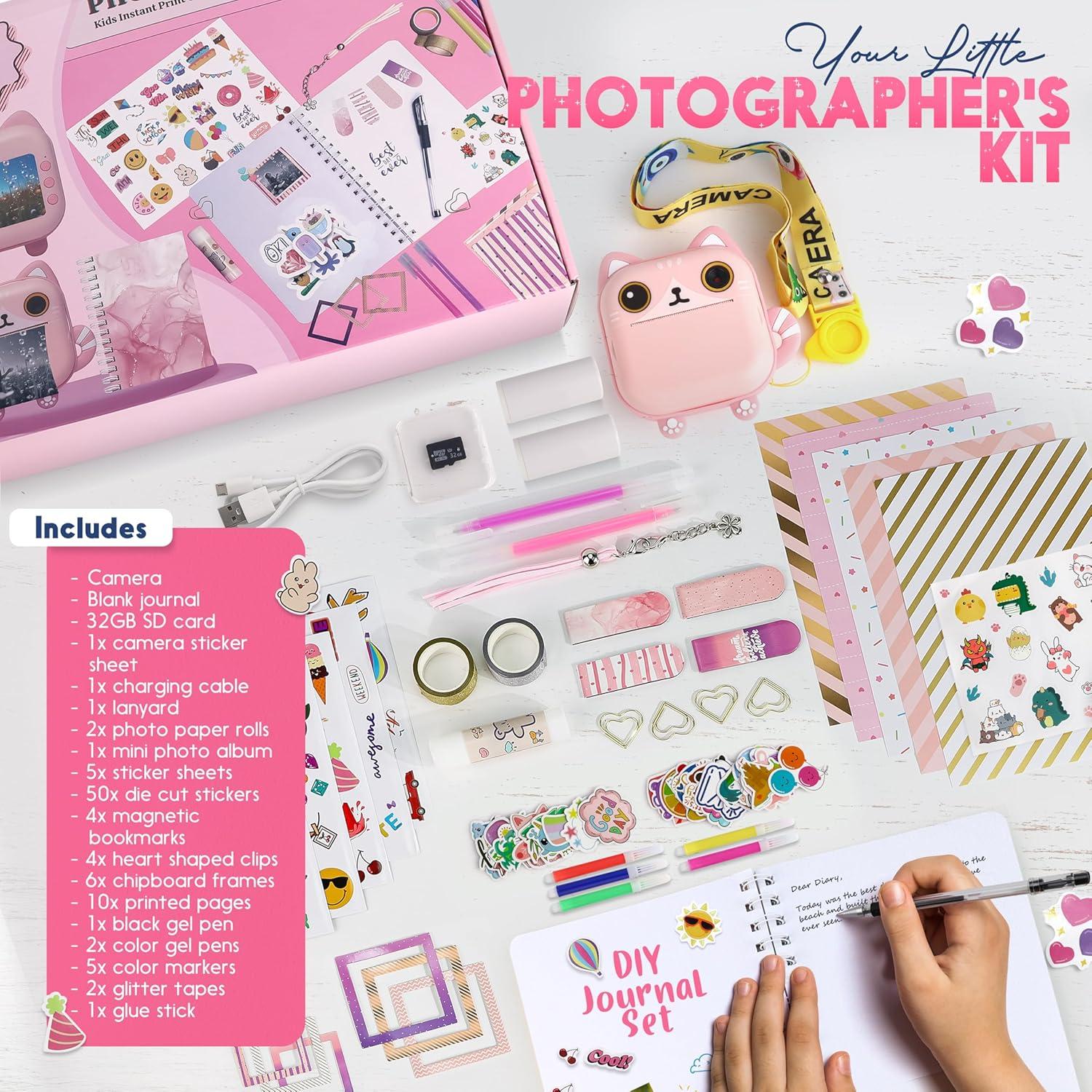 Photomaker Kit - Instant Print Camera for Kids Plus DIY Journal Kit for Girls - 150 Pcs Tween Journal & Camera for Girls - 6 7 8 9 10 11 12 13 14 Year Old Girl (Cat)