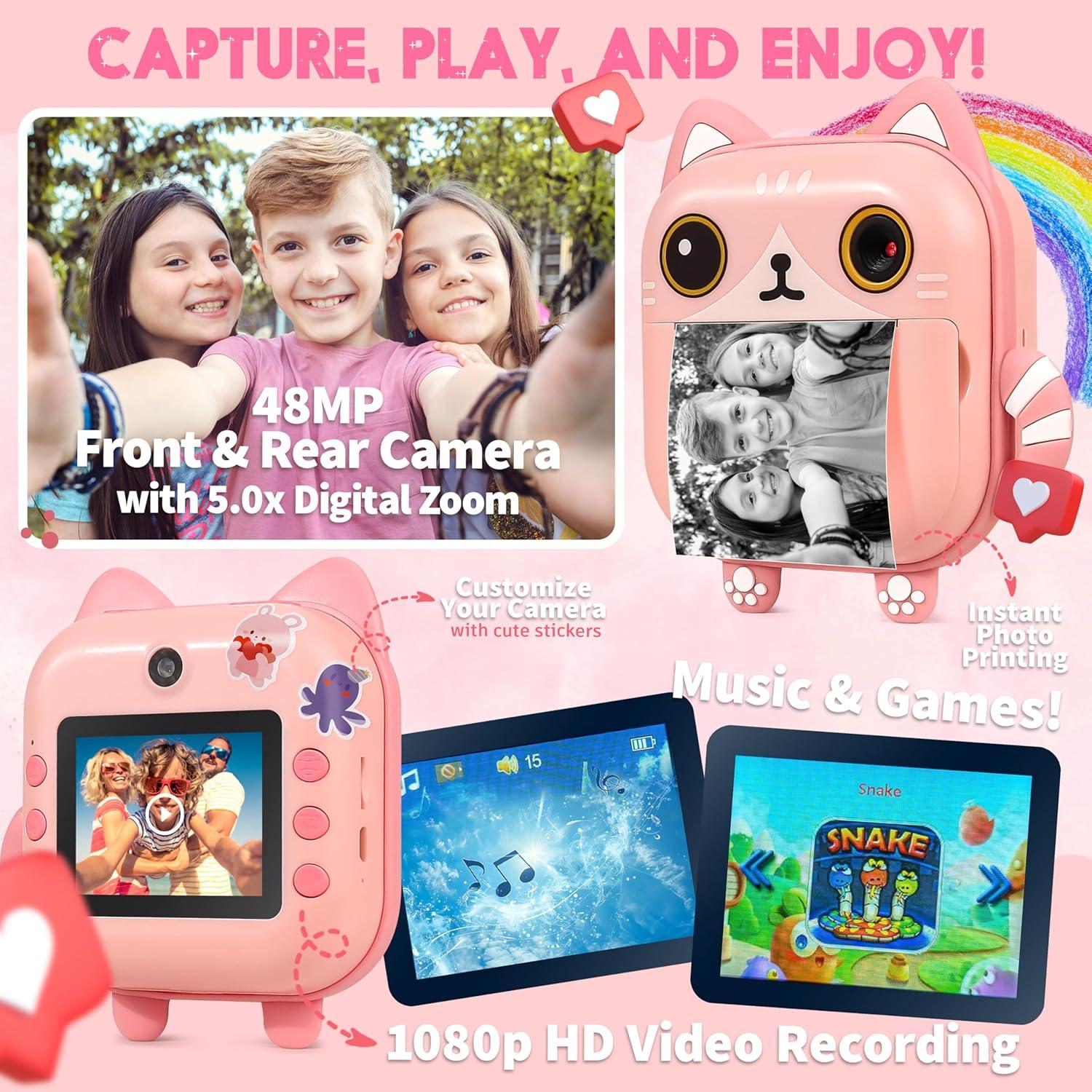 Photomaker Kit - Instant Print Camera for Kids Plus DIY Journal Kit for Girls - 150 Pcs Tween Journal & Camera for Girls - 6 7 8 9 10 11 12 13 14 Year Old Girl (Cat)