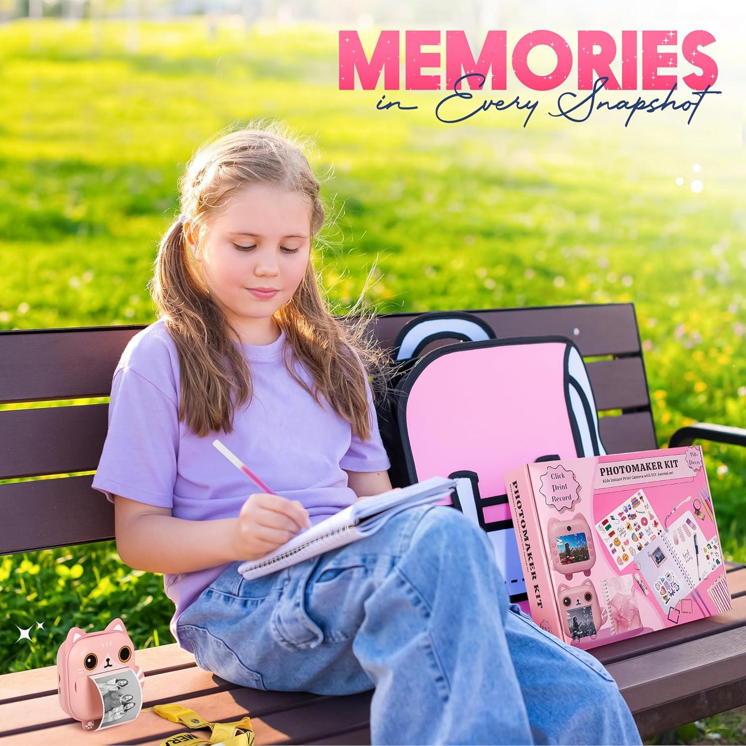 Photomaker Kit - Instant Print Camera for Kids Plus DIY Journal Kit for Girls - 150 Pcs Tween Journal & Camera for Girls - 6 7 8 9 10 11 12 13 14 Year Old Girl (Cat)