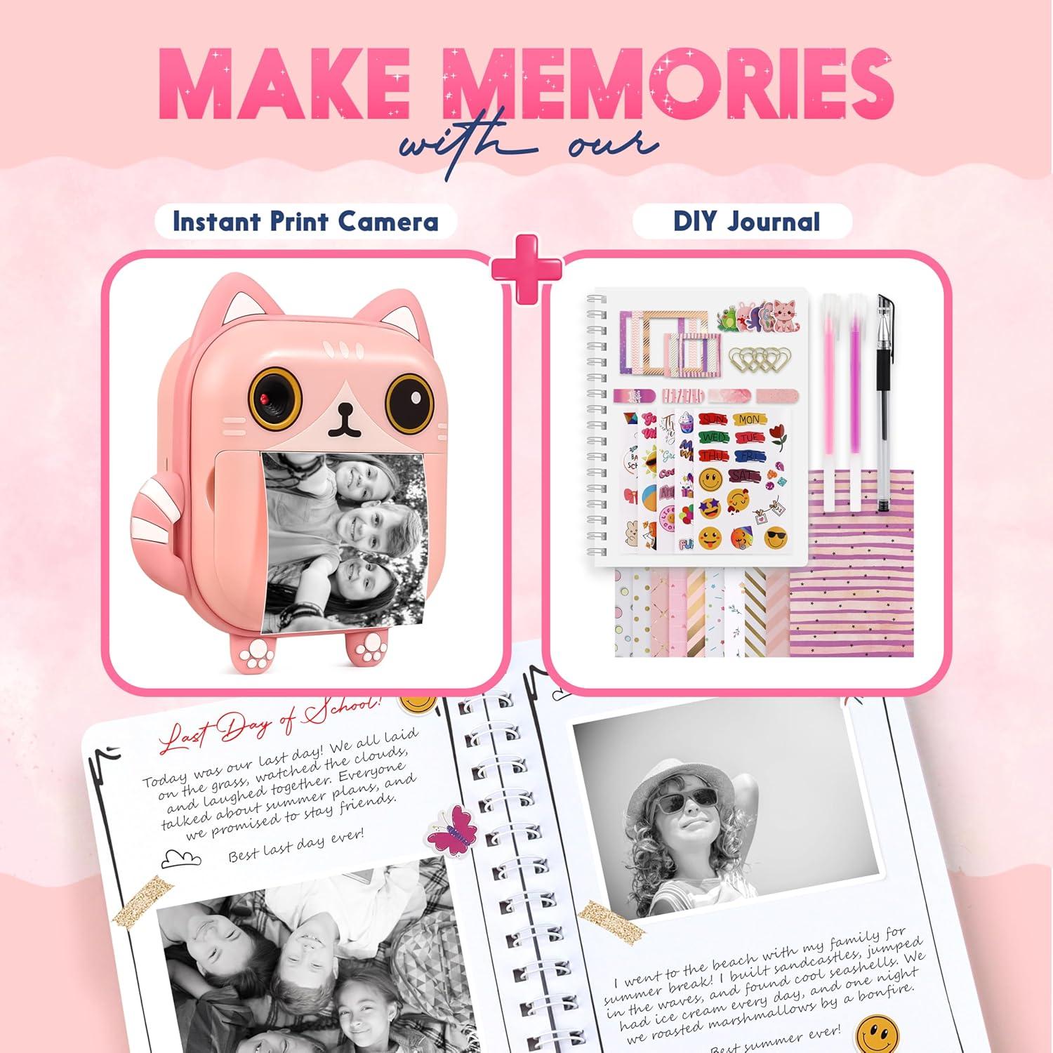 Photomaker Kit - Instant Print Camera for Kids Plus DIY Journal Kit for Girls - 150 Pcs Tween Journal & Camera for Girls - 6 7 8 9 10 11 12 13 14 Year Old Girl (Cat)