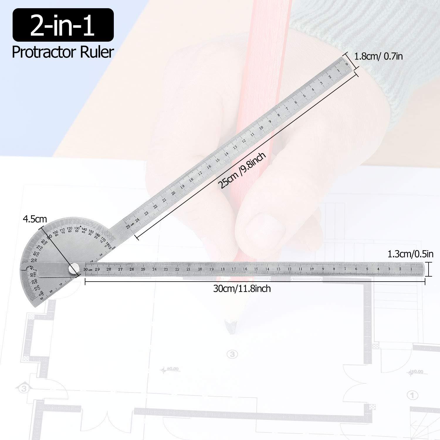Angle Protractor Angle Finder Ruler Two Arm Stainless Steel Protractor Woodworking Ruler Measure Tool with 0-180 Degrees(30 cm/ 11.8 Inch)