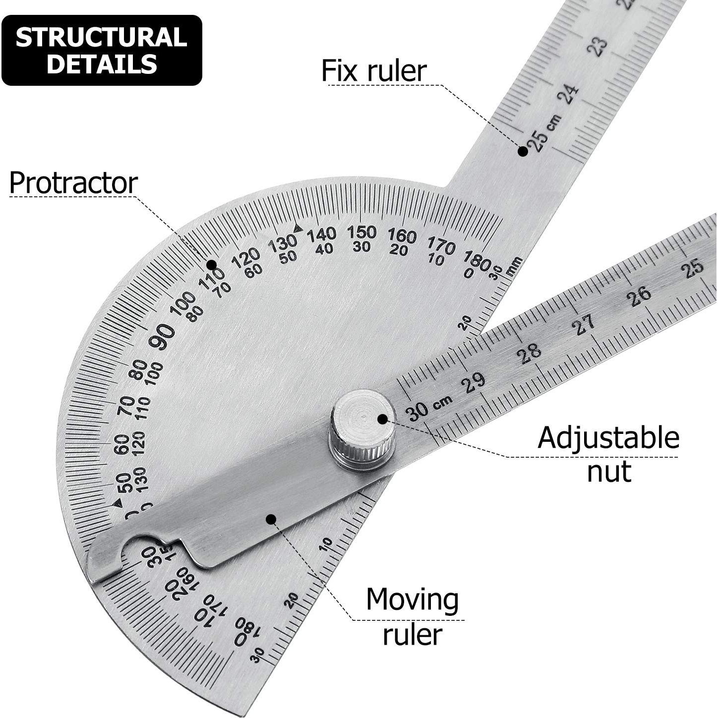 Angle Protractor Angle Finder Ruler Two Arm Stainless Steel Protractor Woodworking Ruler Measure Tool with 0-180 Degrees(30 cm/ 11.8 Inch)