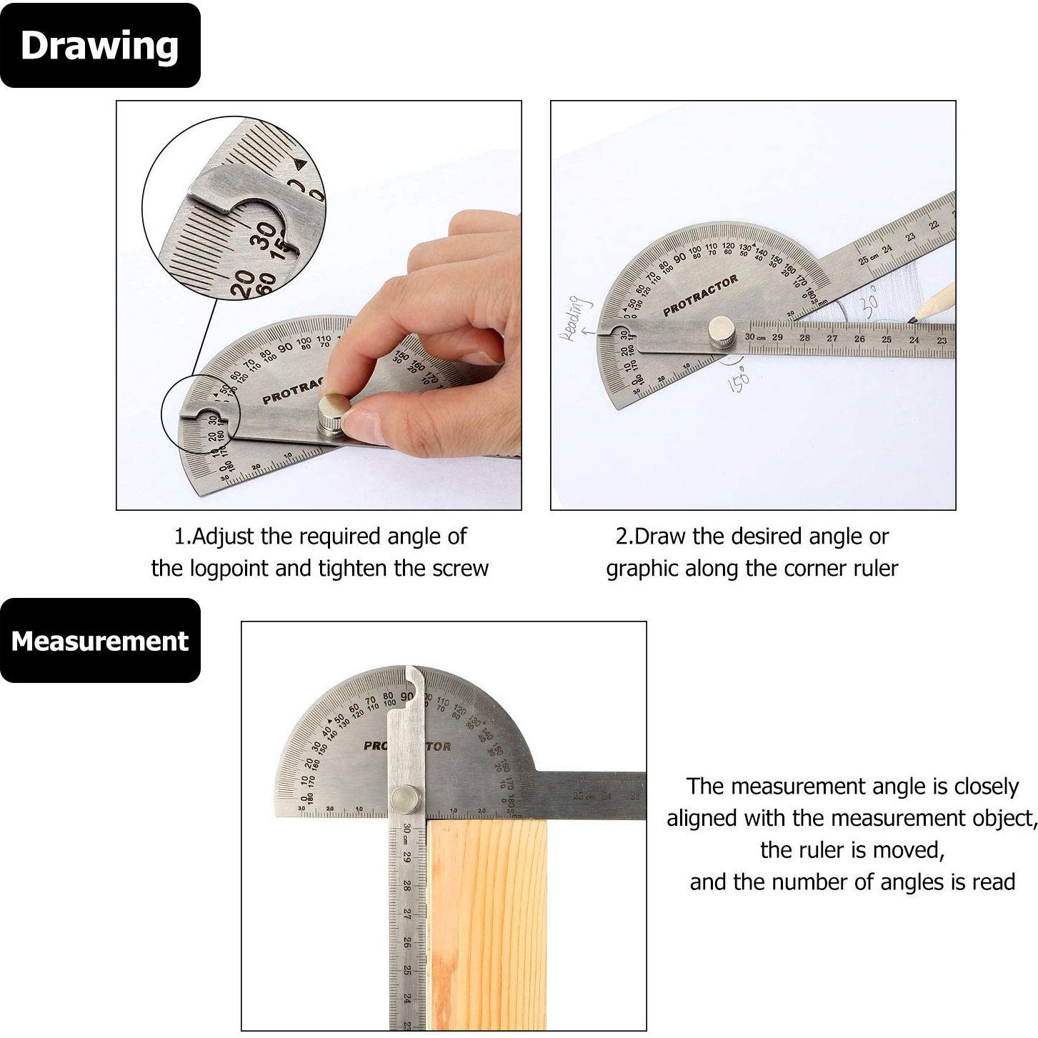 Angle Protractor Angle Finder Ruler Two Arm Stainless Steel Protractor Woodworking Ruler Measure Tool with 0-180 Degrees(30 cm/ 11.8 Inch)