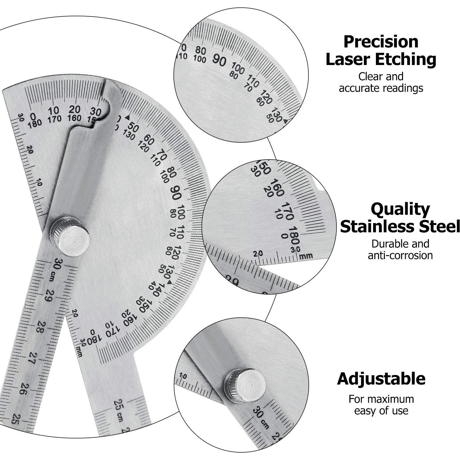 Angle Protractor Angle Finder Ruler Two Arm Stainless Steel Protractor Woodworking Ruler Measure Tool with 0-180 Degrees(30 cm/ 11.8 Inch)