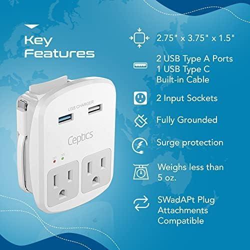 Adaptador de Viaje Universal Ceptics WPS-2B+ con 2 USB-A y USB-C