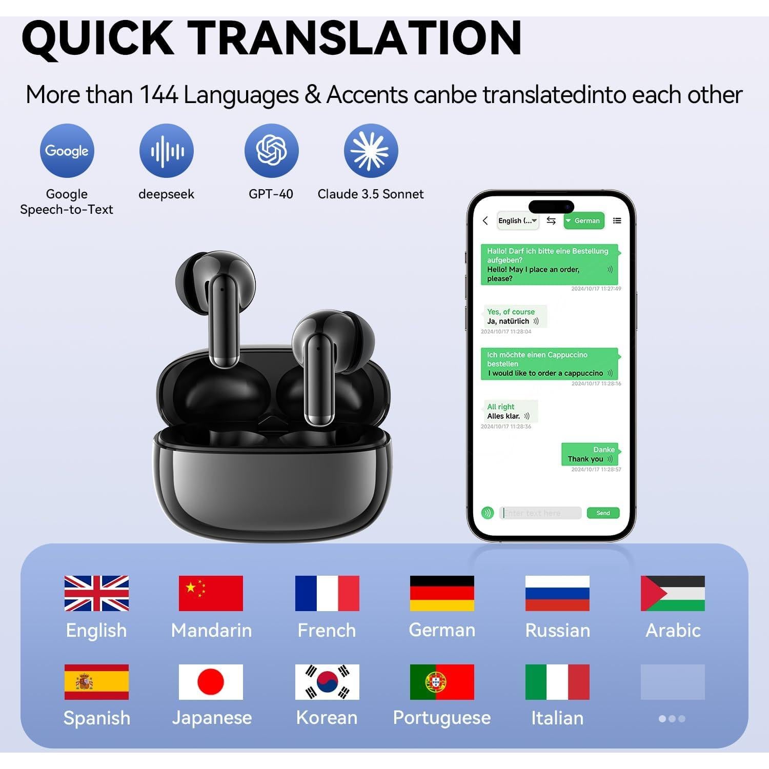 Auriculares de Traducción AI Bluetooth 144 Idiomas Negro-Y16