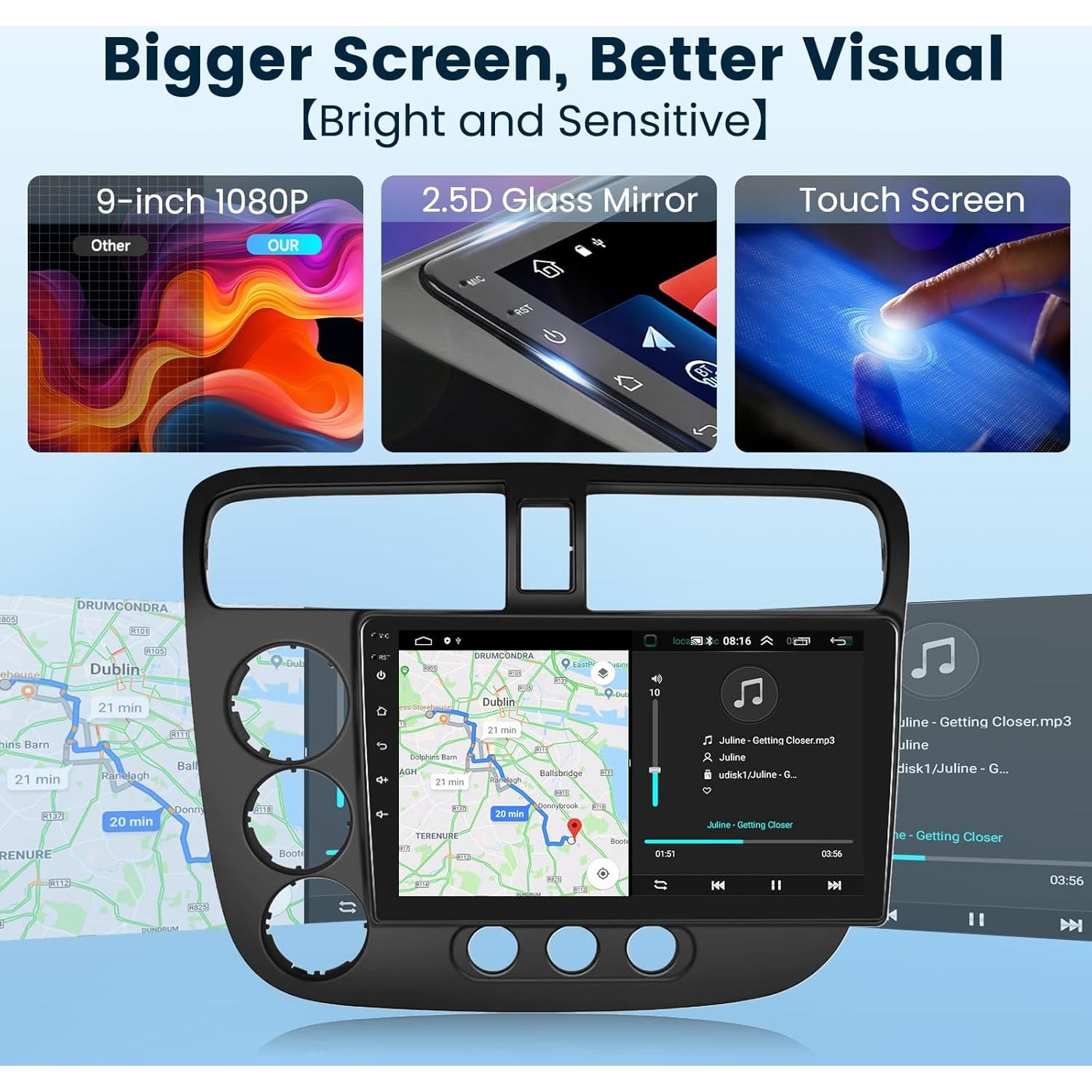 Estéreo de Coche Podofo para Honda Civic 2001-2005 9" HD