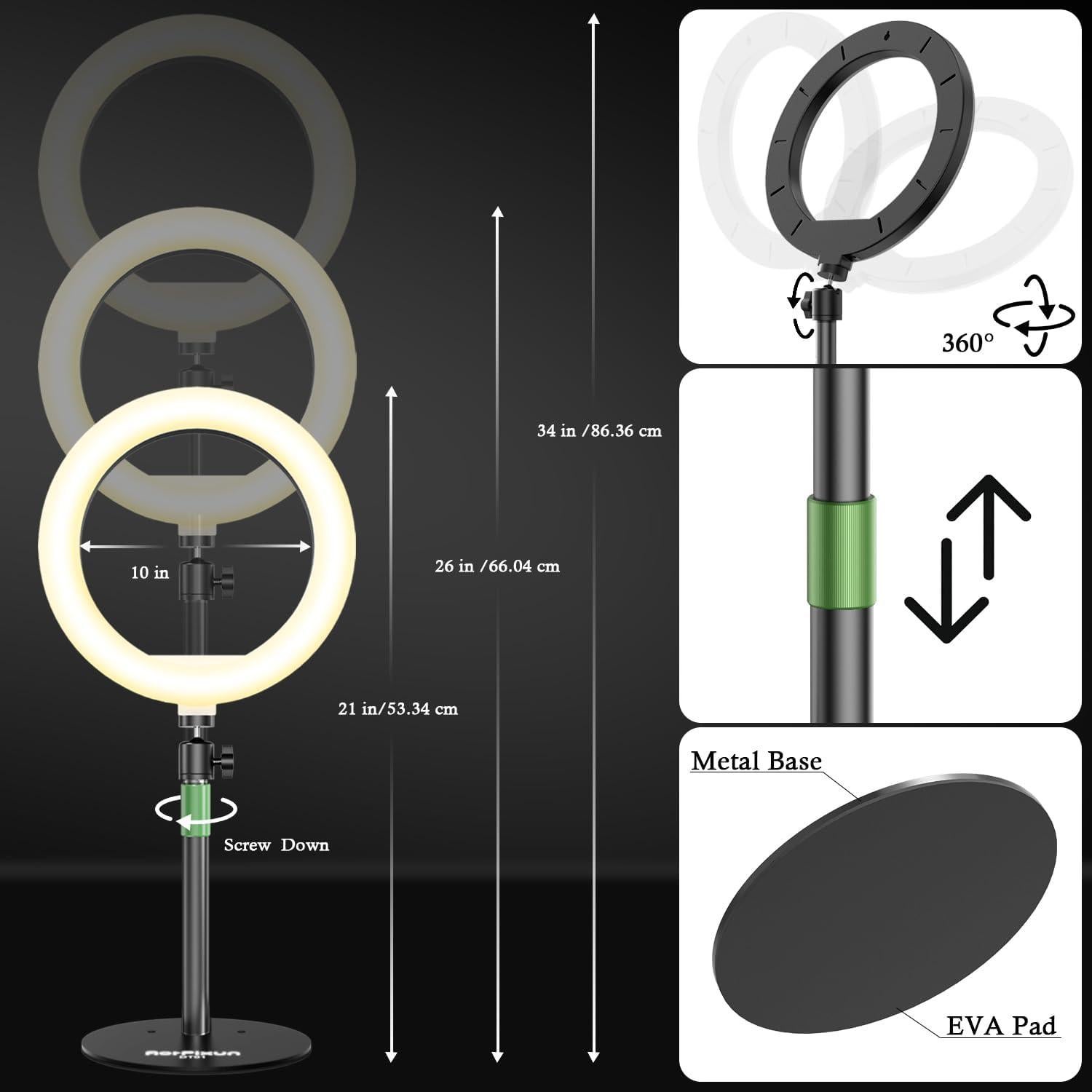 Luz de Anillo LED 10'' AorPixun con Soporte y Ajustable