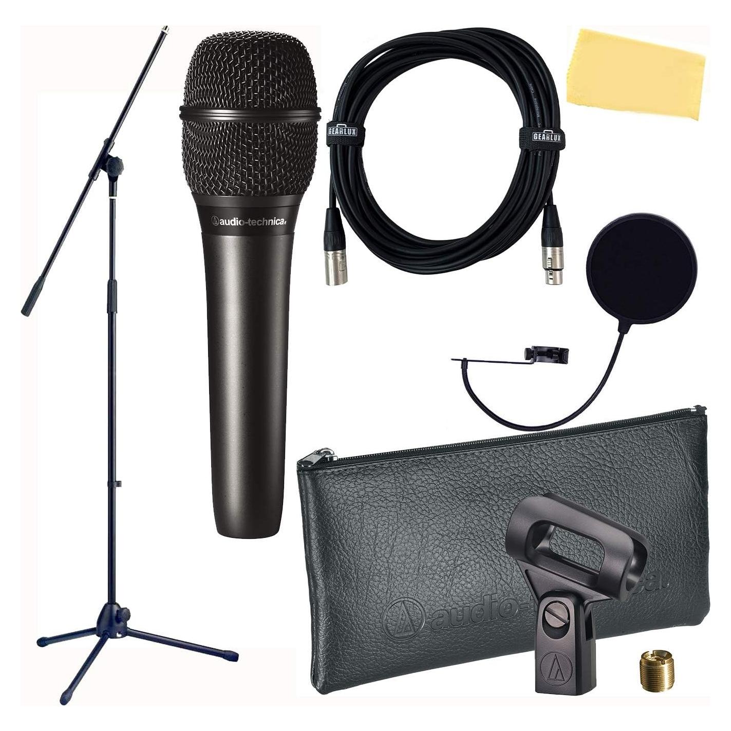Audio-Technica AT2010 Cardioid Condenser Handheld Microphone Bundle with Boom Stand, Pop Filter, XLR Cable, and Austin Bazaar Polishing Cloth