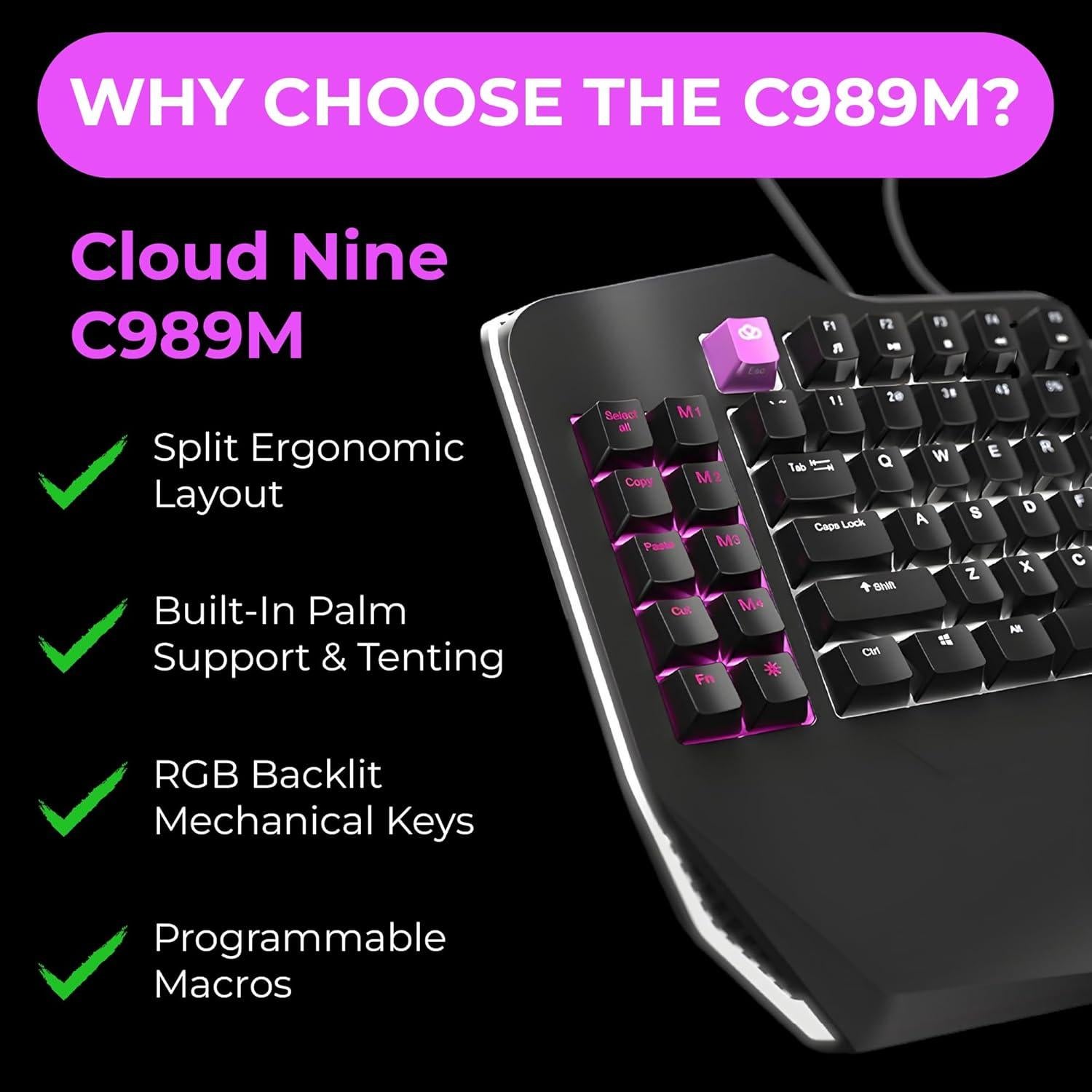 Teclado Mecánico Ergonómico Cloud Nine C989M - RGB - 2.78kg