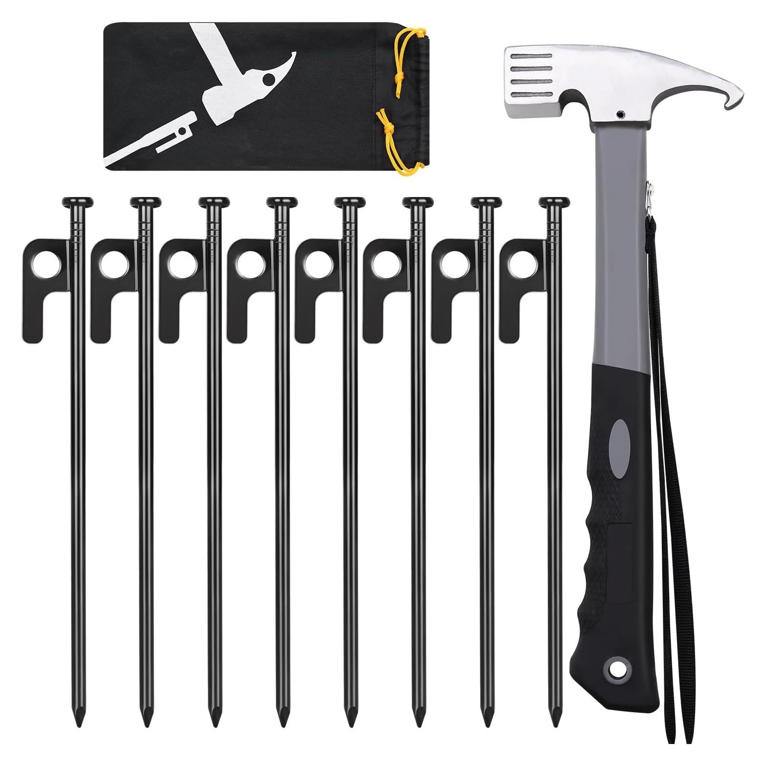 Tent Stakes and Hammer Set, 8 Pack 8in Heavy Duty Forged Steel Tent Stakes + 12in Heavy Duty Camping Hammer + Storage Pouch, Available in Rocky Place(8 Pack 8in Stakes + Hammer)