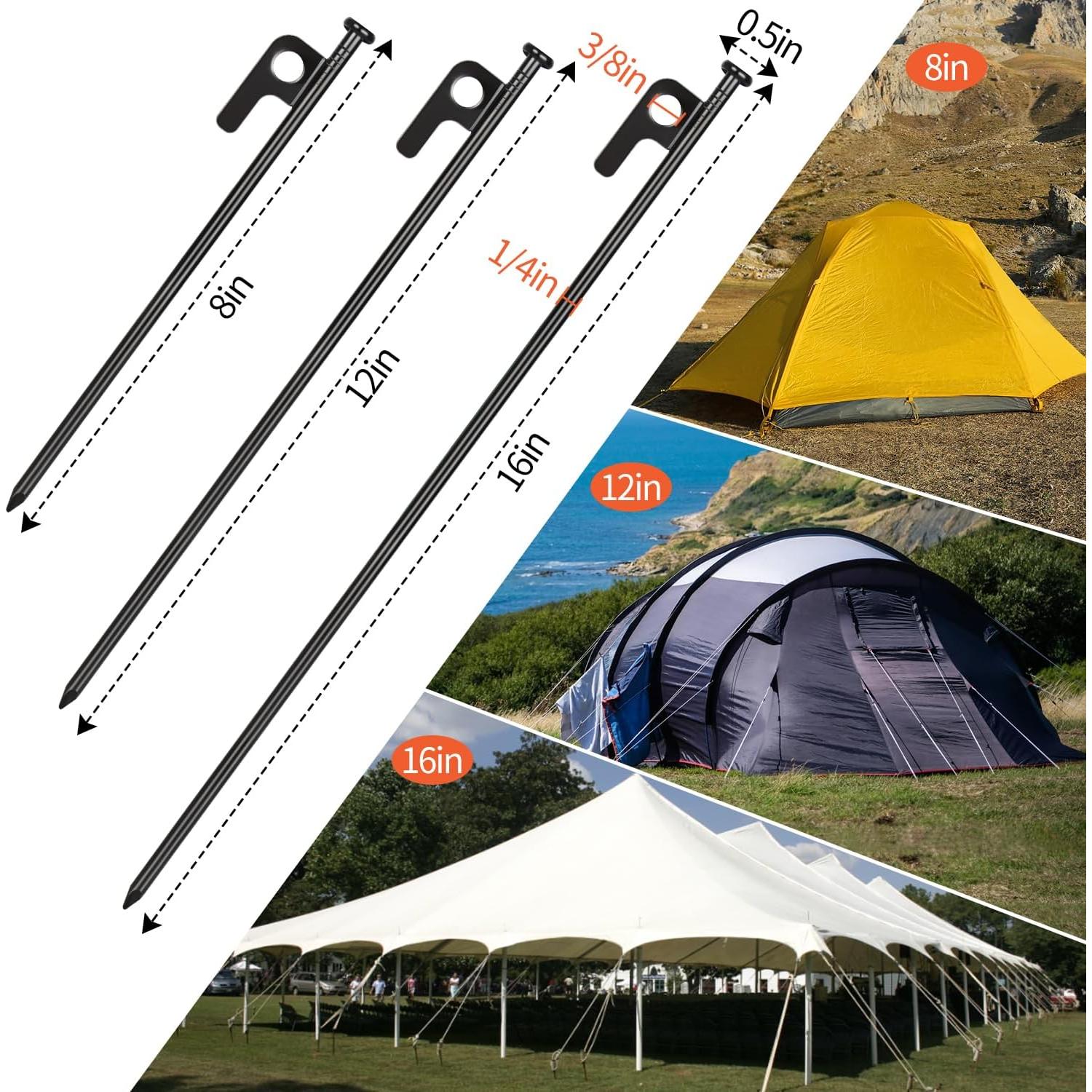 Tent Stakes and Hammer Set, 8 Pack 8in Heavy Duty Forged Steel Tent Stakes + 12in Heavy Duty Camping Hammer + Storage Pouch, Available in Rocky Place(8 Pack 8in Stakes + Hammer)