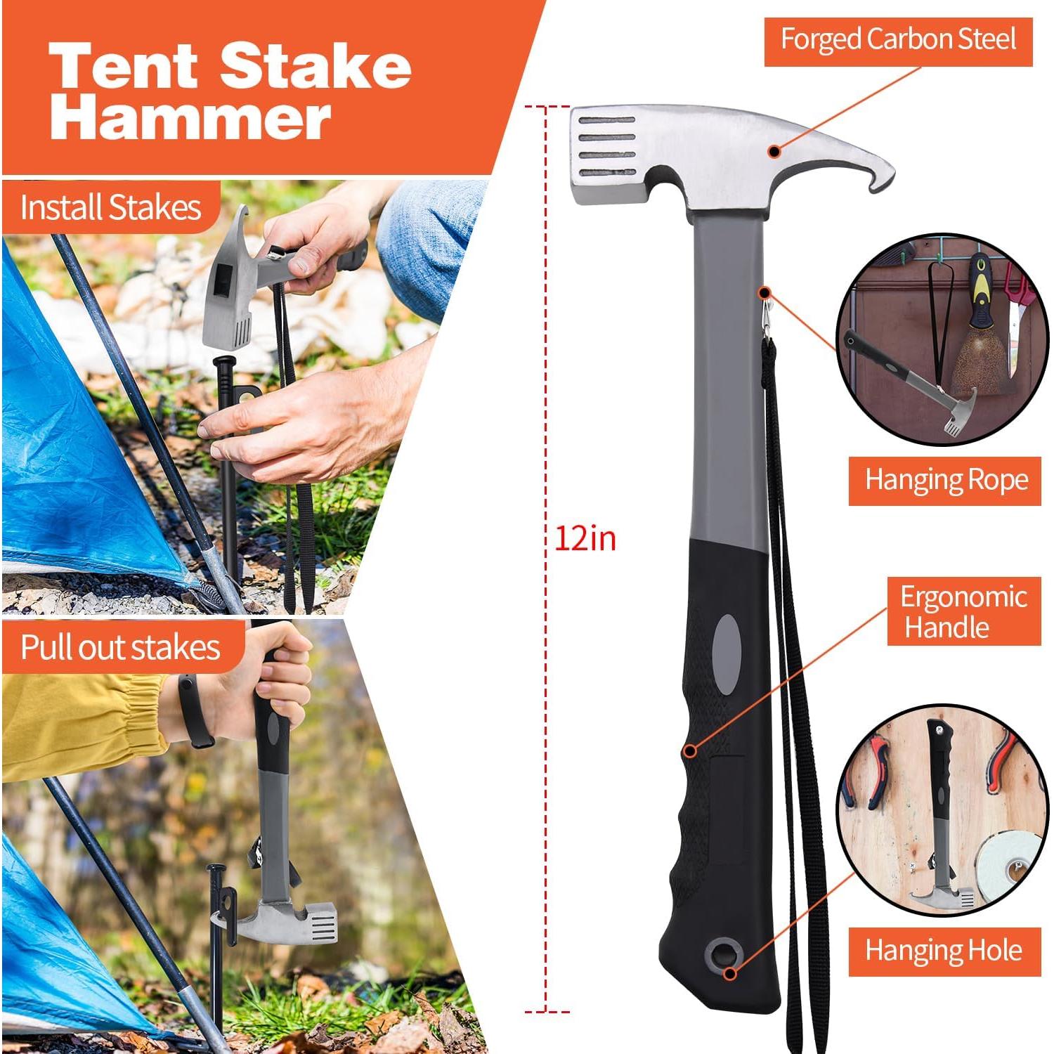 Tent Stakes and Hammer Set, 8 Pack 8in Heavy Duty Forged Steel Tent Stakes + 12in Heavy Duty Camping Hammer + Storage Pouch, Available in Rocky Place(8 Pack 8in Stakes + Hammer)