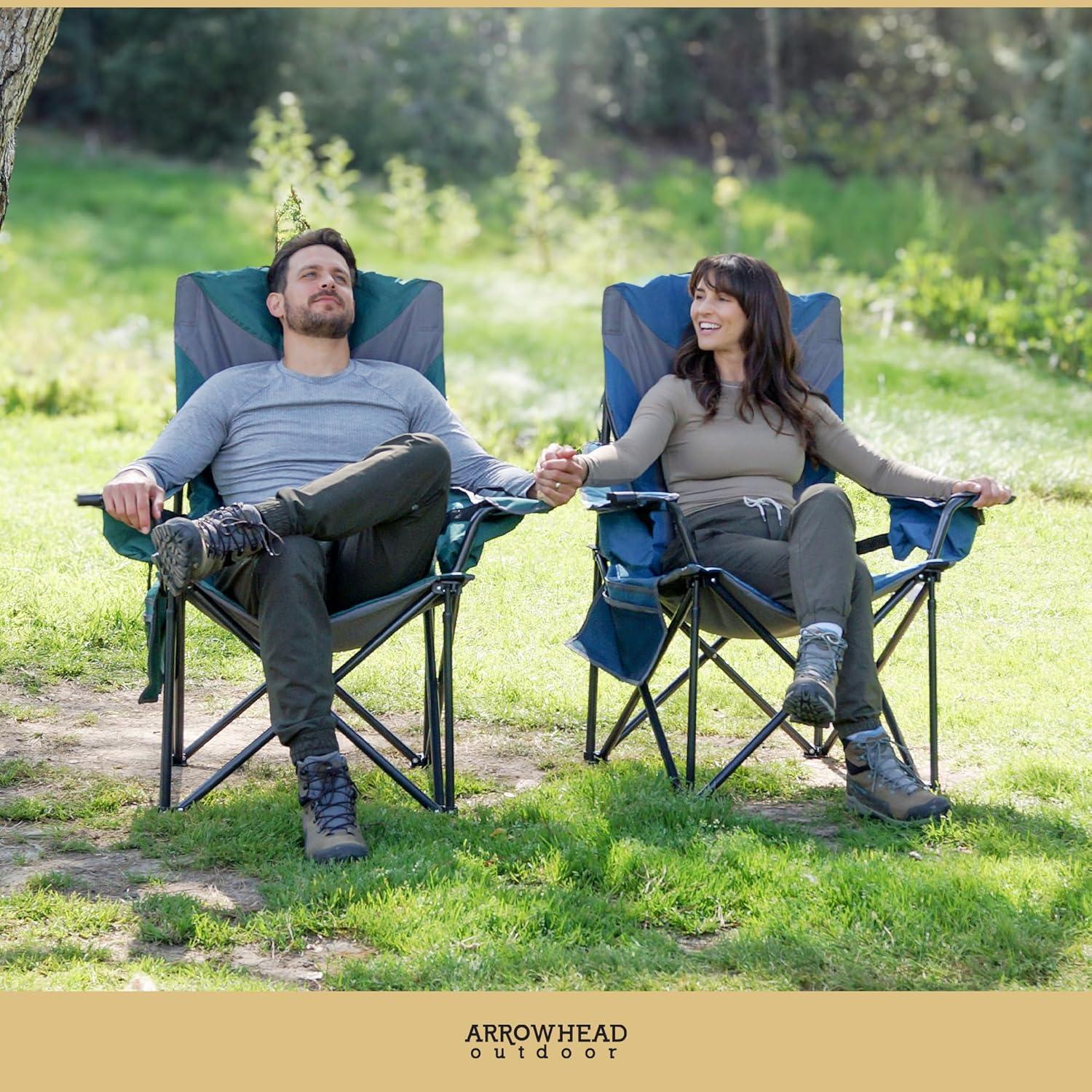 ARROWHEAD OUTDOOR XXL Folding Padded Camping Chair w/Cup & Wine Holder, Armrest Cooler, Support up to 600 lbs, Blue