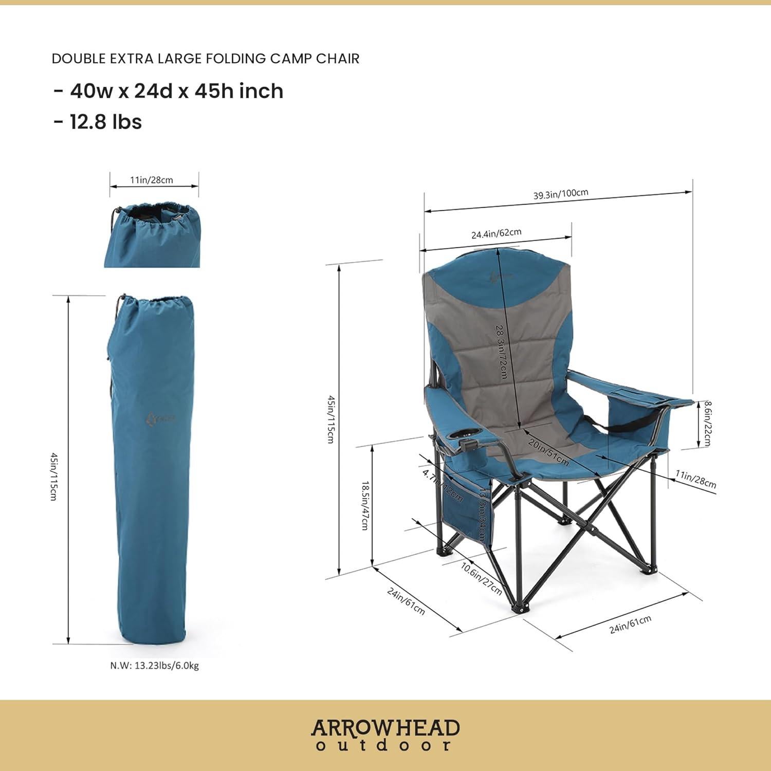 ARROWHEAD OUTDOOR XXL Folding Padded Camping Chair w/Cup & Wine Holder, Armrest Cooler, Support up to 600 lbs, Blue