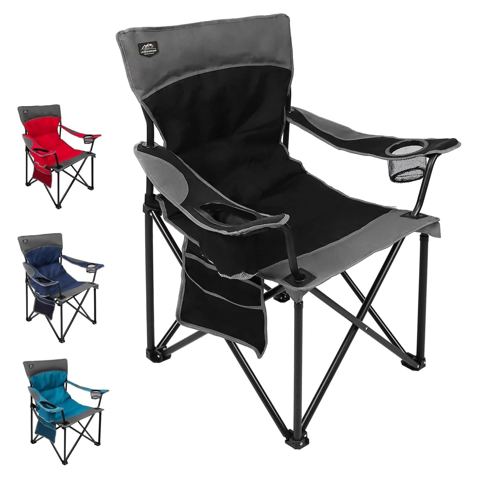 Oversized Folding Camping Chair,Heavy Duty Padded Portable Lawn Chair w/Extra Large Cup Holder,Side Pocket for Adults Outdoor Sports Hiking Beach Garden Picnic,Black